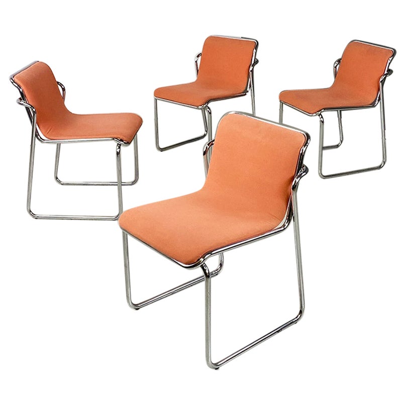Italian modern set of four steel and pink fabric chairs, 1970s