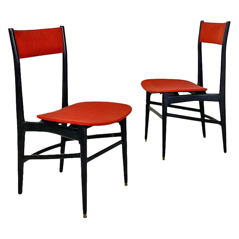Italian mid-century black lacquered wood and original red fabric chairs, 1960s