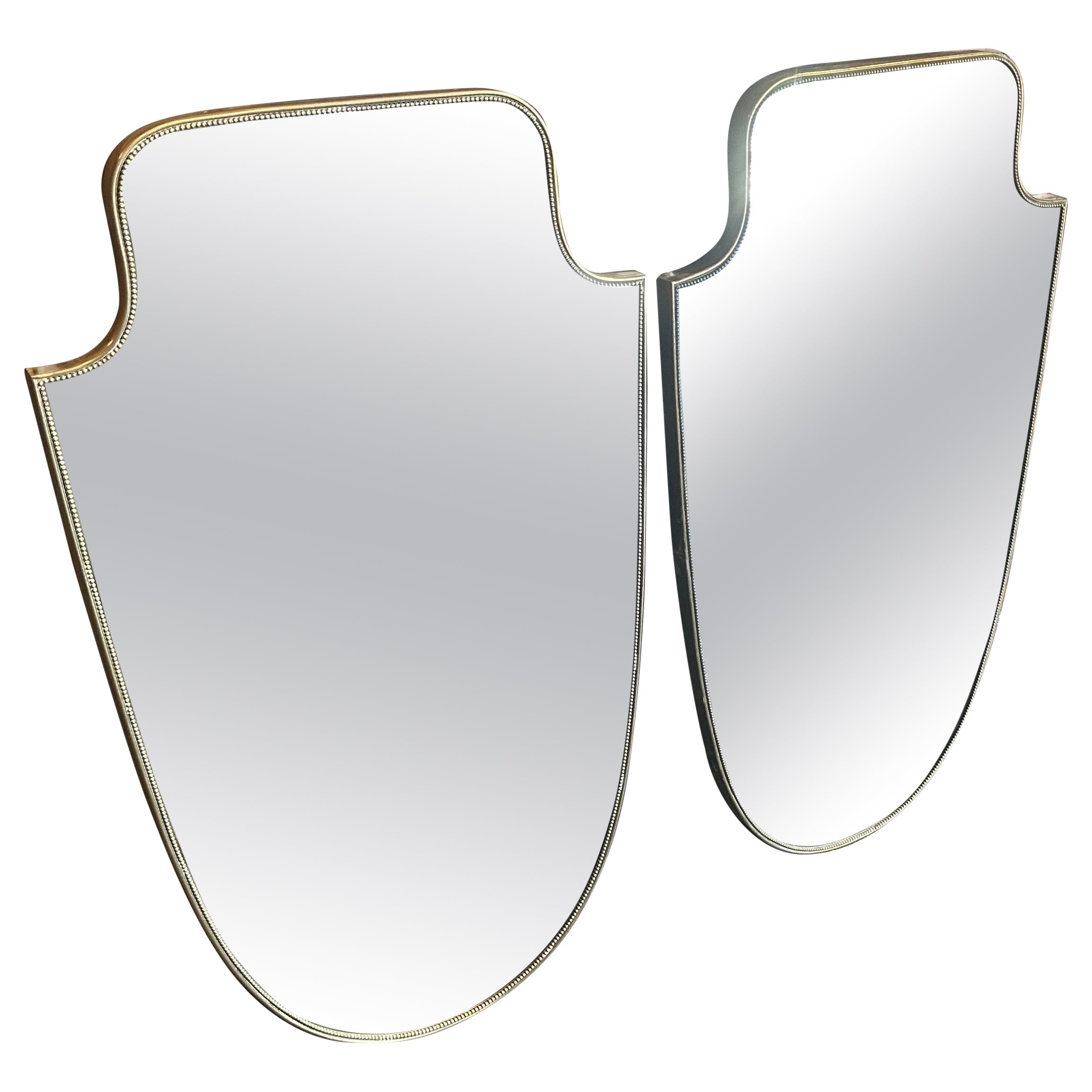 Two 1960s Giò Ponti Style Mid-Century Modern Brass Italian Shield Wall Mirrors