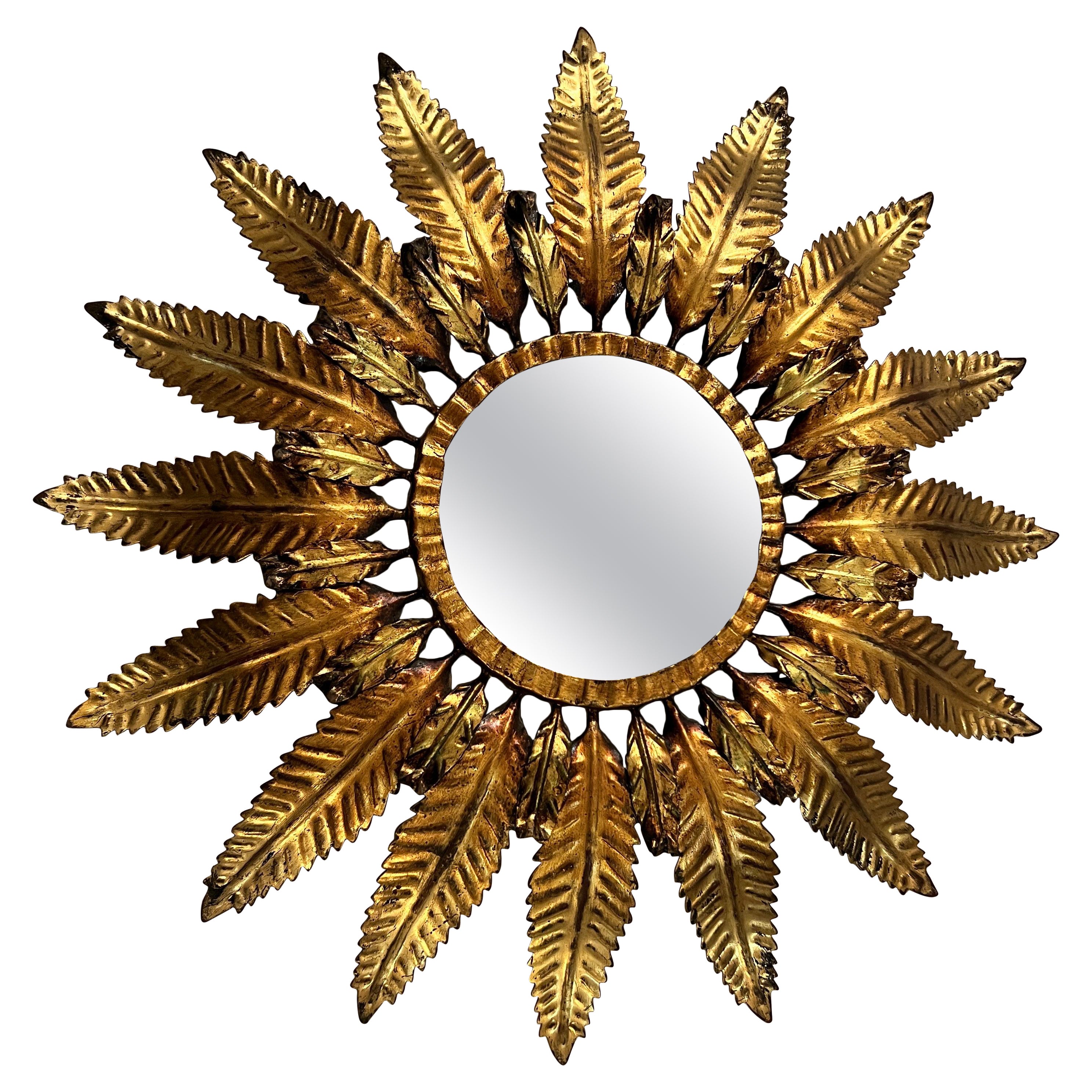 1940's French Gilt Metal Sunburst Mirror  For Sale