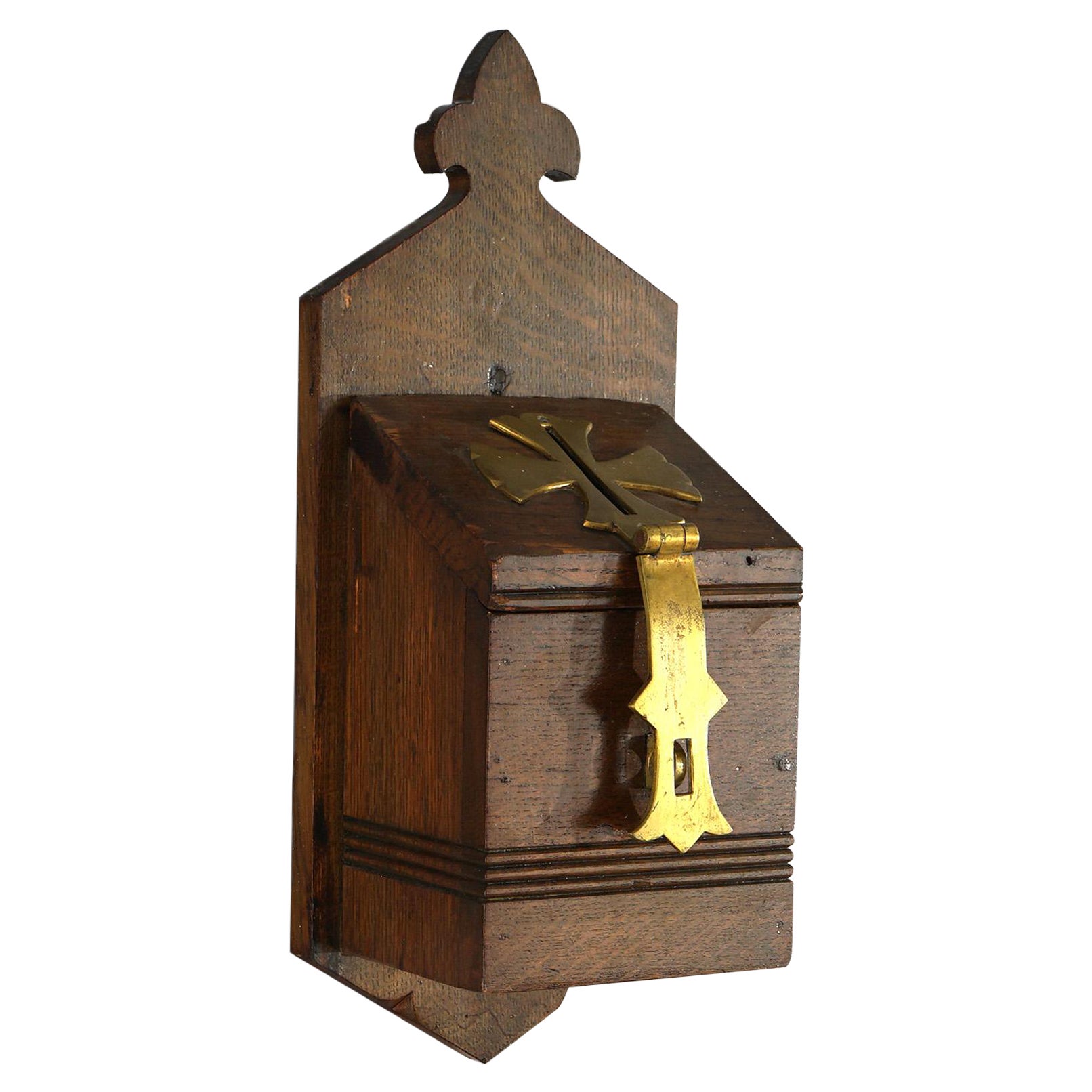 Antique Gothic Revival Quarter Sawn Oak Drop Box with Brass Trim 19thC