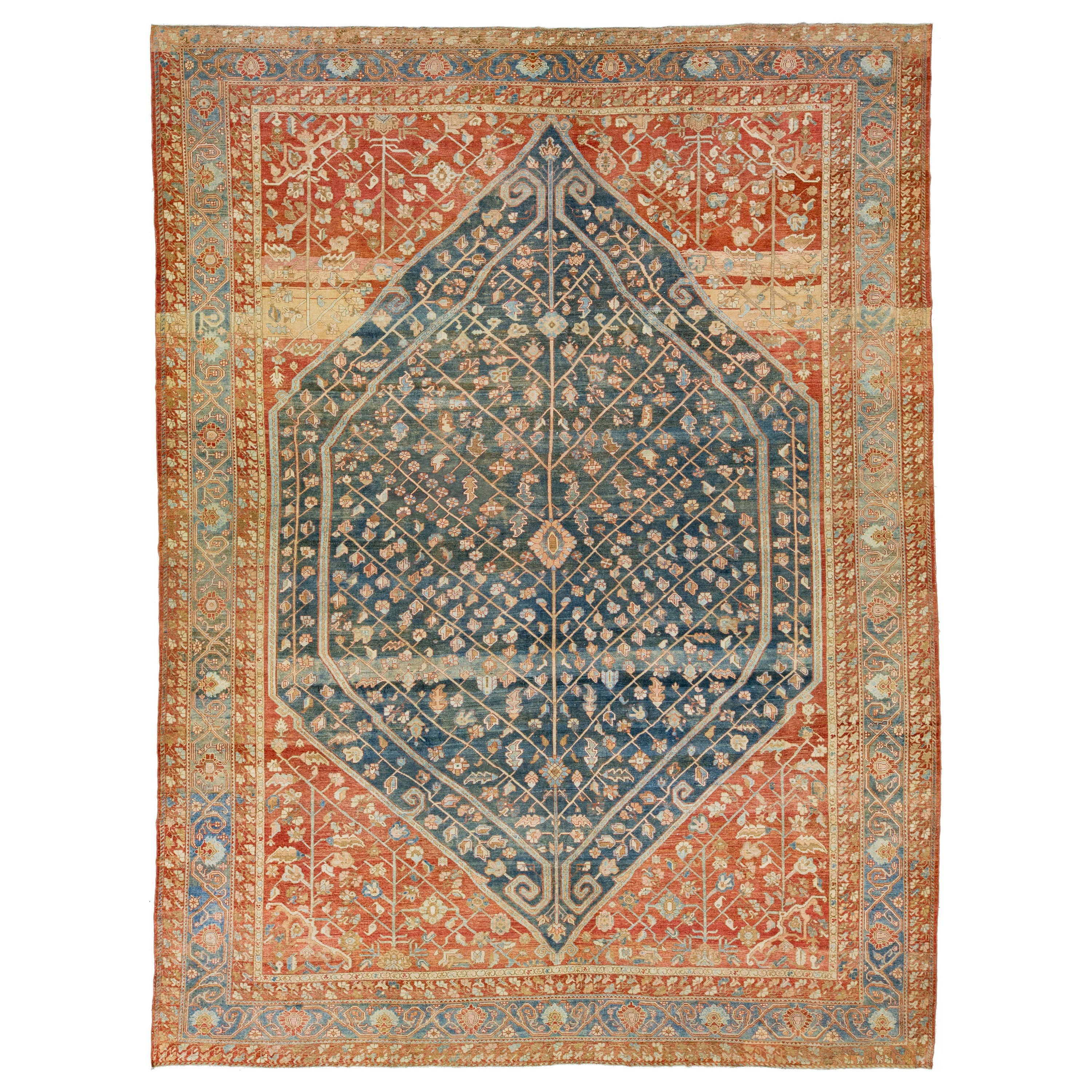 Allover 1920s Antique Persian Bakhtiari Wool Rug In Blue & Red-Rust Color  For Sale