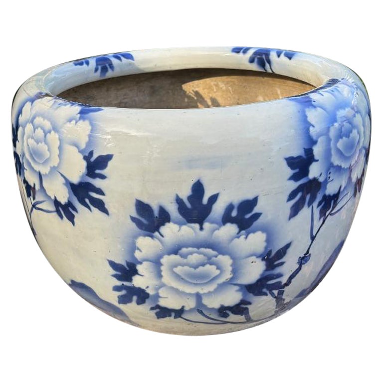 Japanese Big Brilliant Blue And White Flowers Planter Bowl For Sale