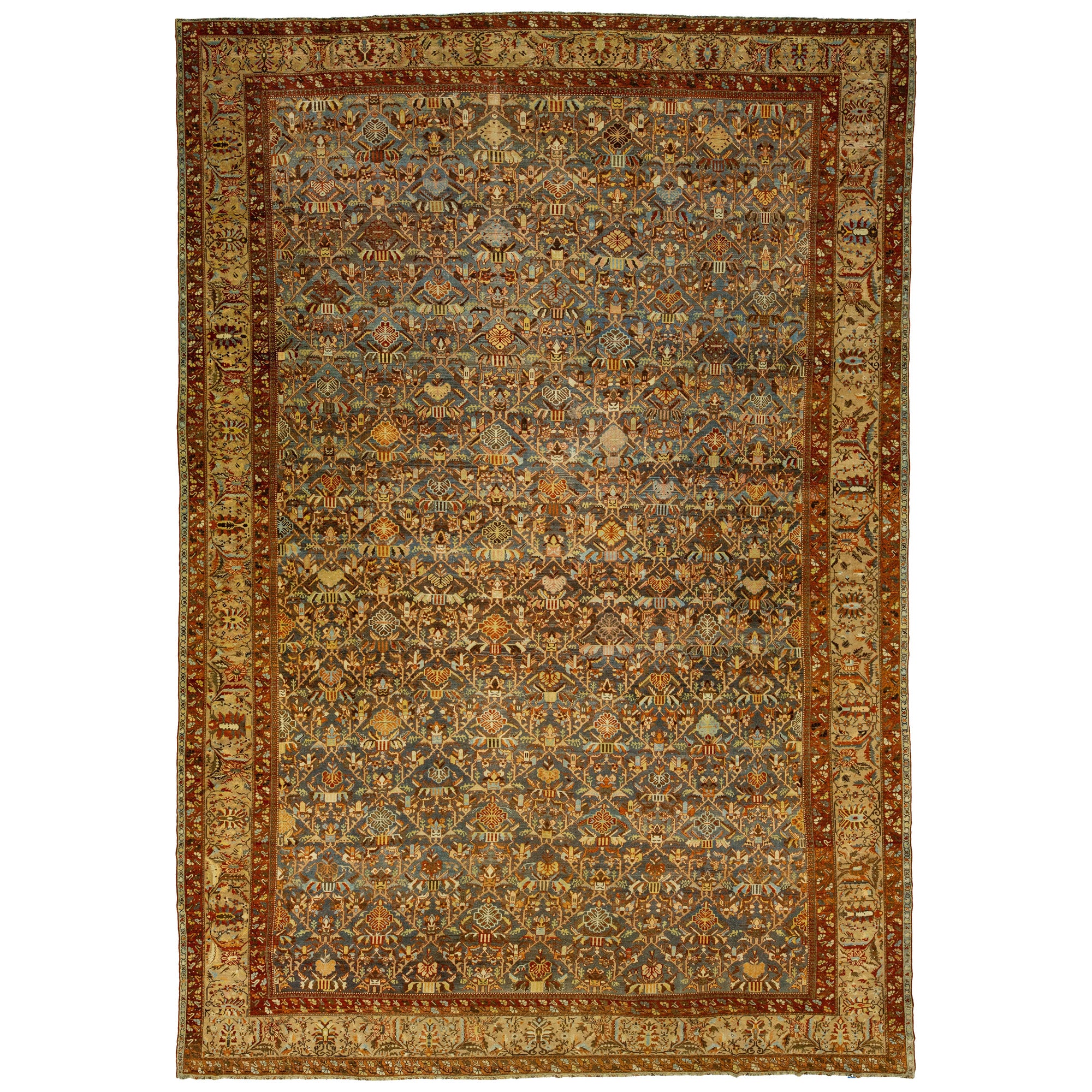 Oversized Persian Bakhtiari Blue Wool Rug, handcrafted in the 1900s For Sale