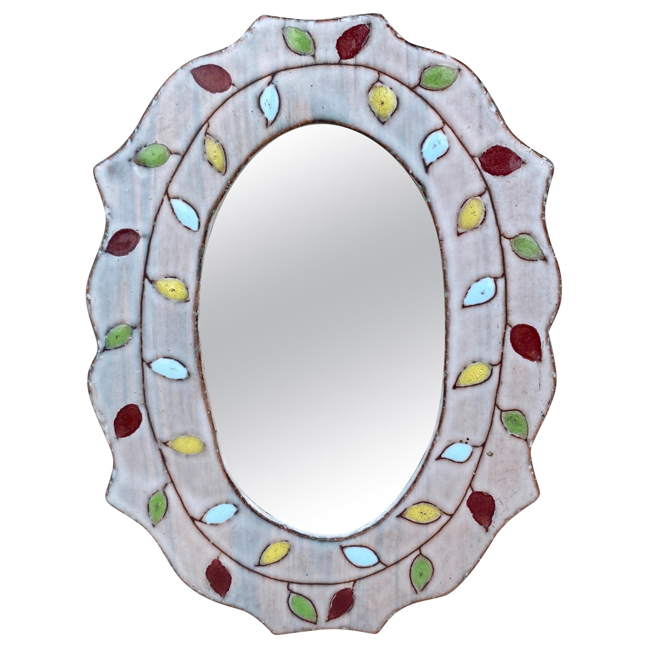 Miroir ovale à feuilles en céramique du milieu du siècle dernier 