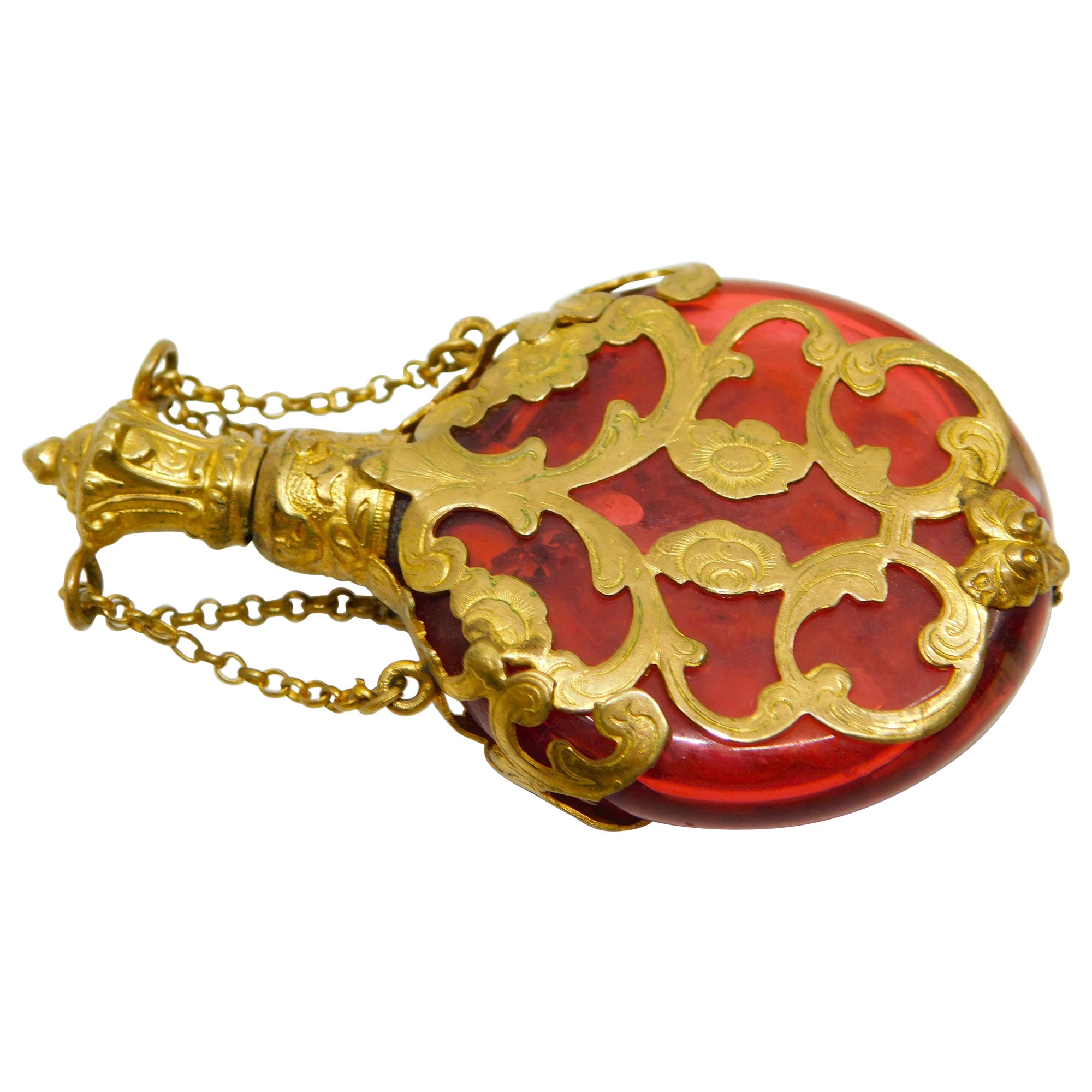 Antique Cranberry Glass Chatelaine Perfume Bottle with Gold Filigree Circa 1880 For Sale