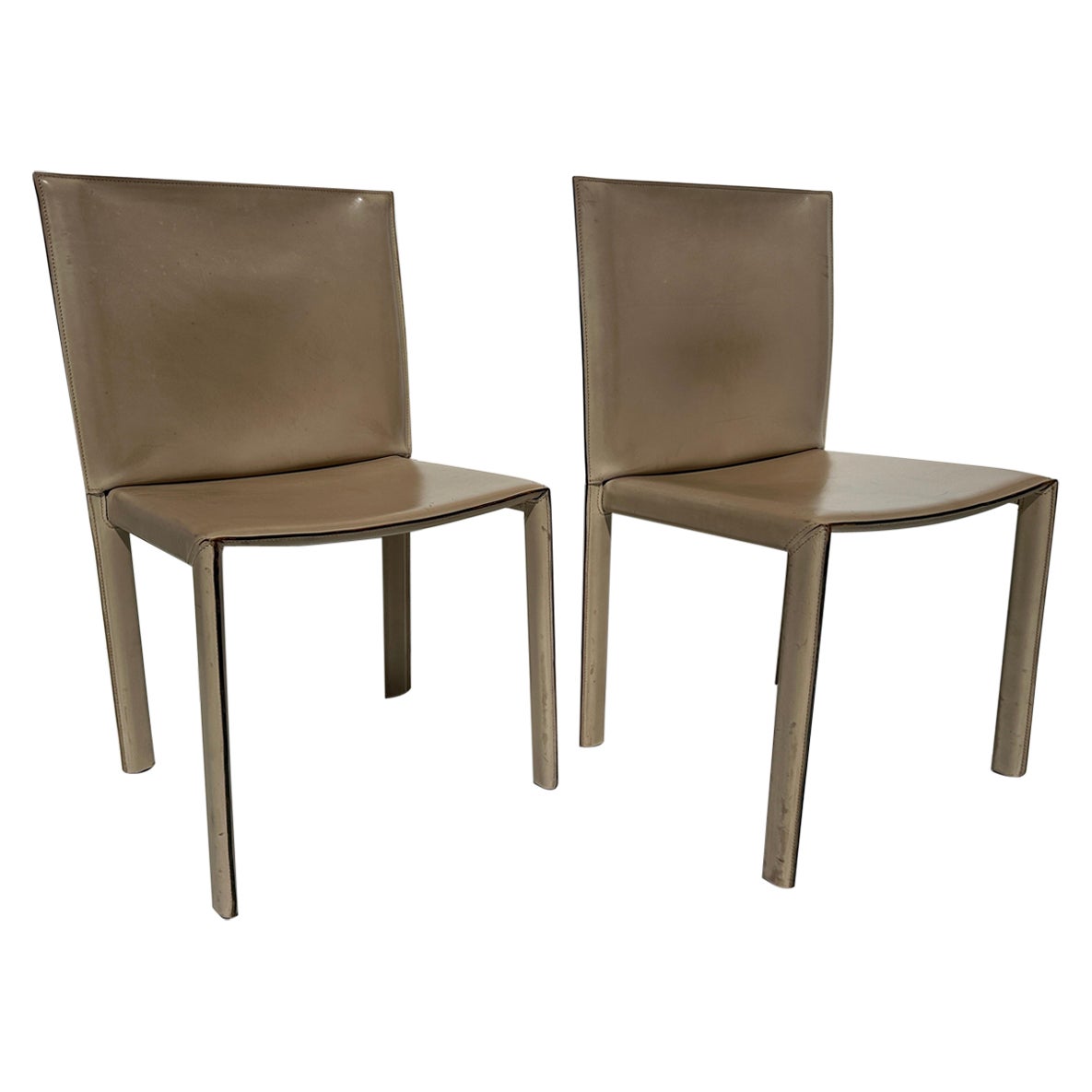 Pair of Patinated Leather Side Chairs by Enrico Pellizzoni For Sale