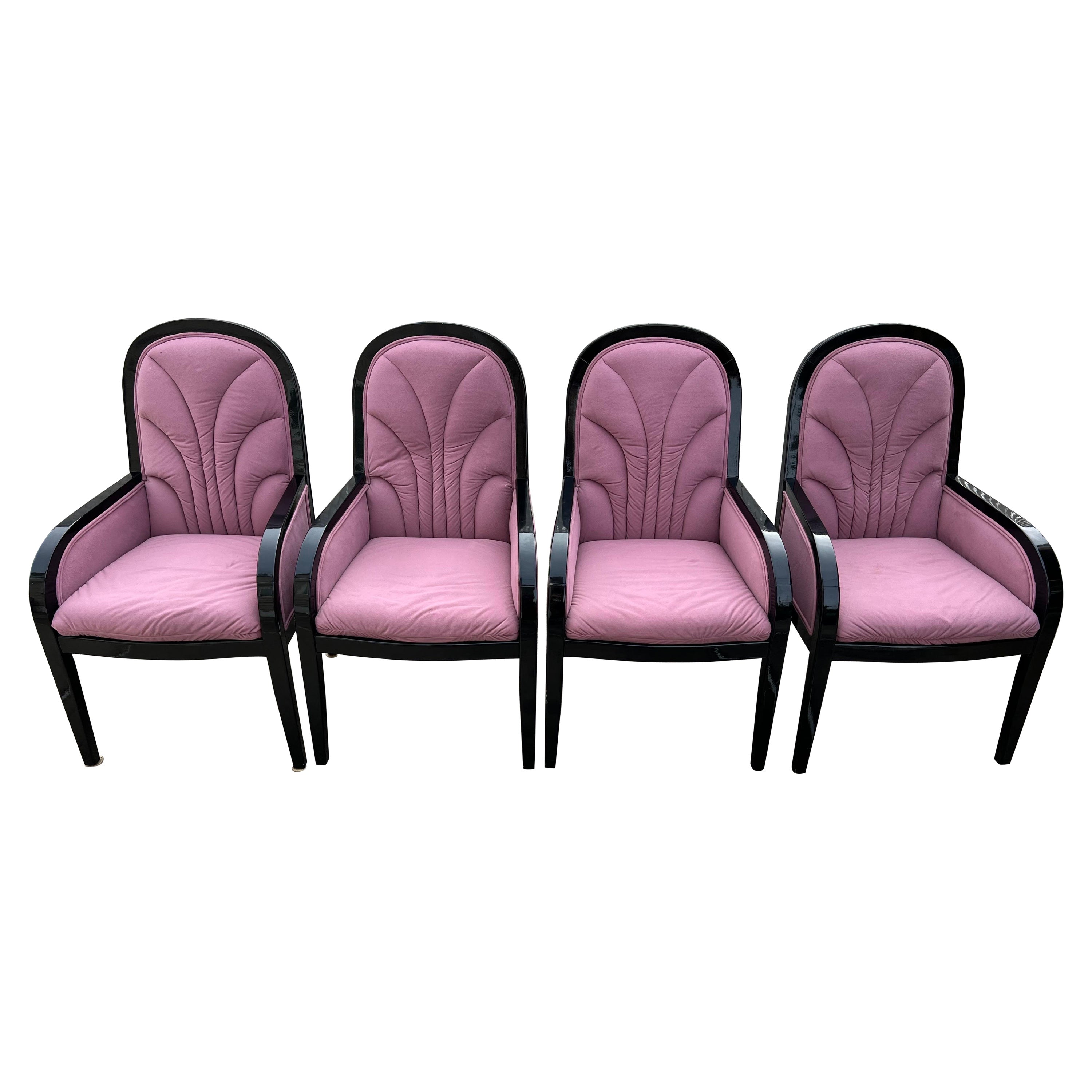 Chaises de salle à manger en velours rose laqué noir des années 1980 - un ensemble de 4 en vente