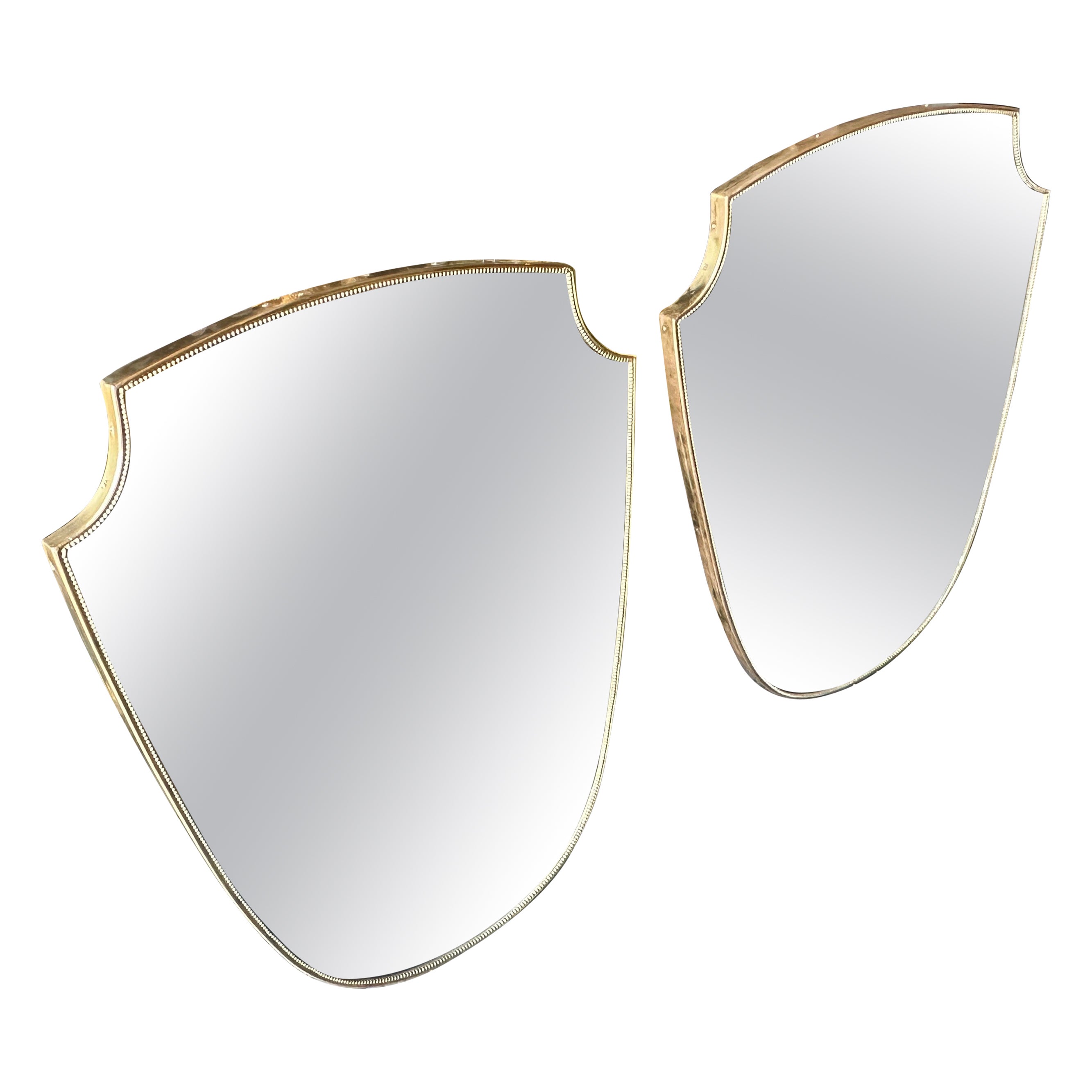Two 1960s Gio Ponti Style Mid-Century Modern Brass Shield Shaped Italian Mirrors