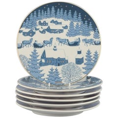 Vintage Raija Uosikkinen for Arabia, Finland, a set of six porcelain Christmas plates.