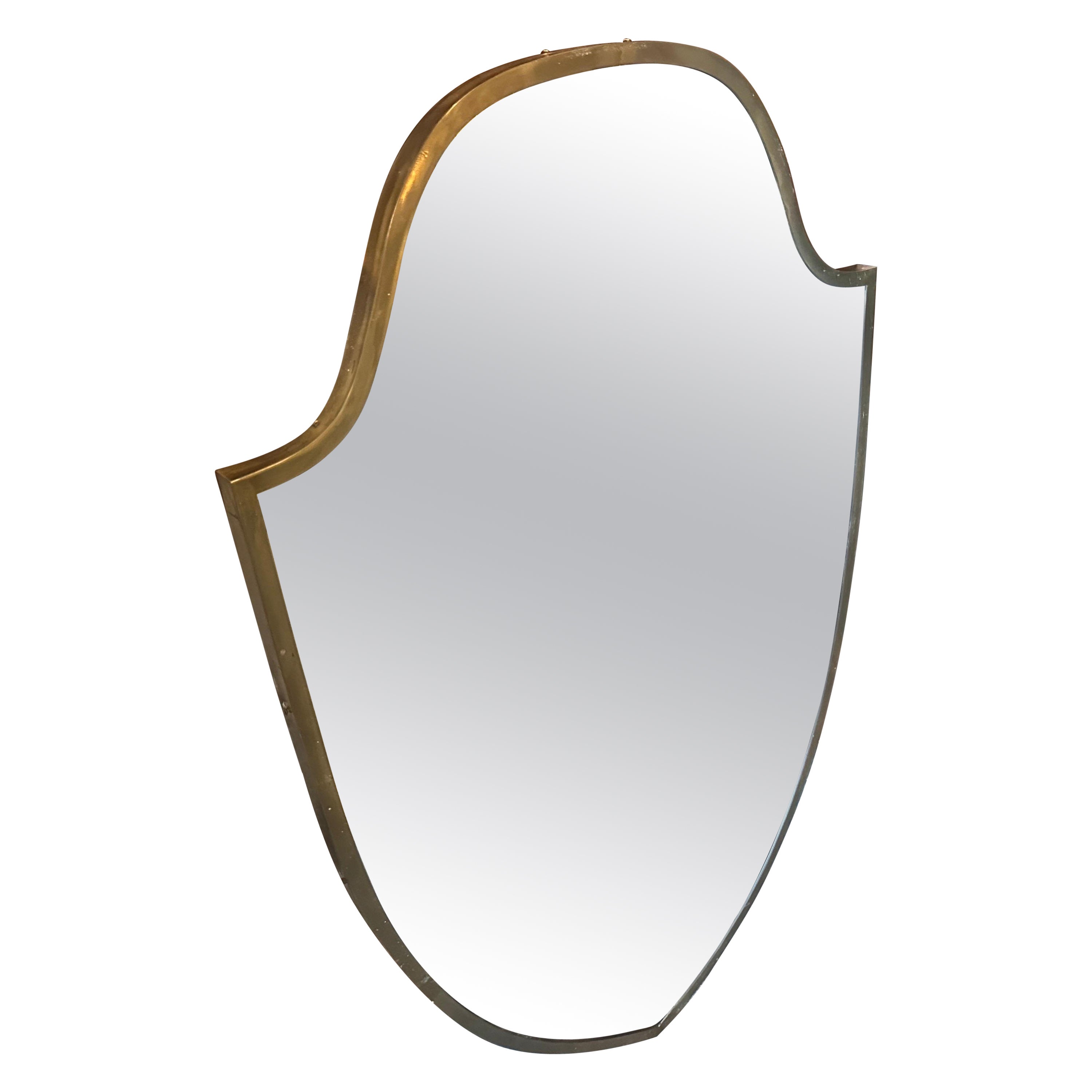 1950s Gio Ponti Style Mid-Century Modern Brass Shield Shaped Big wall Mirror For Sale