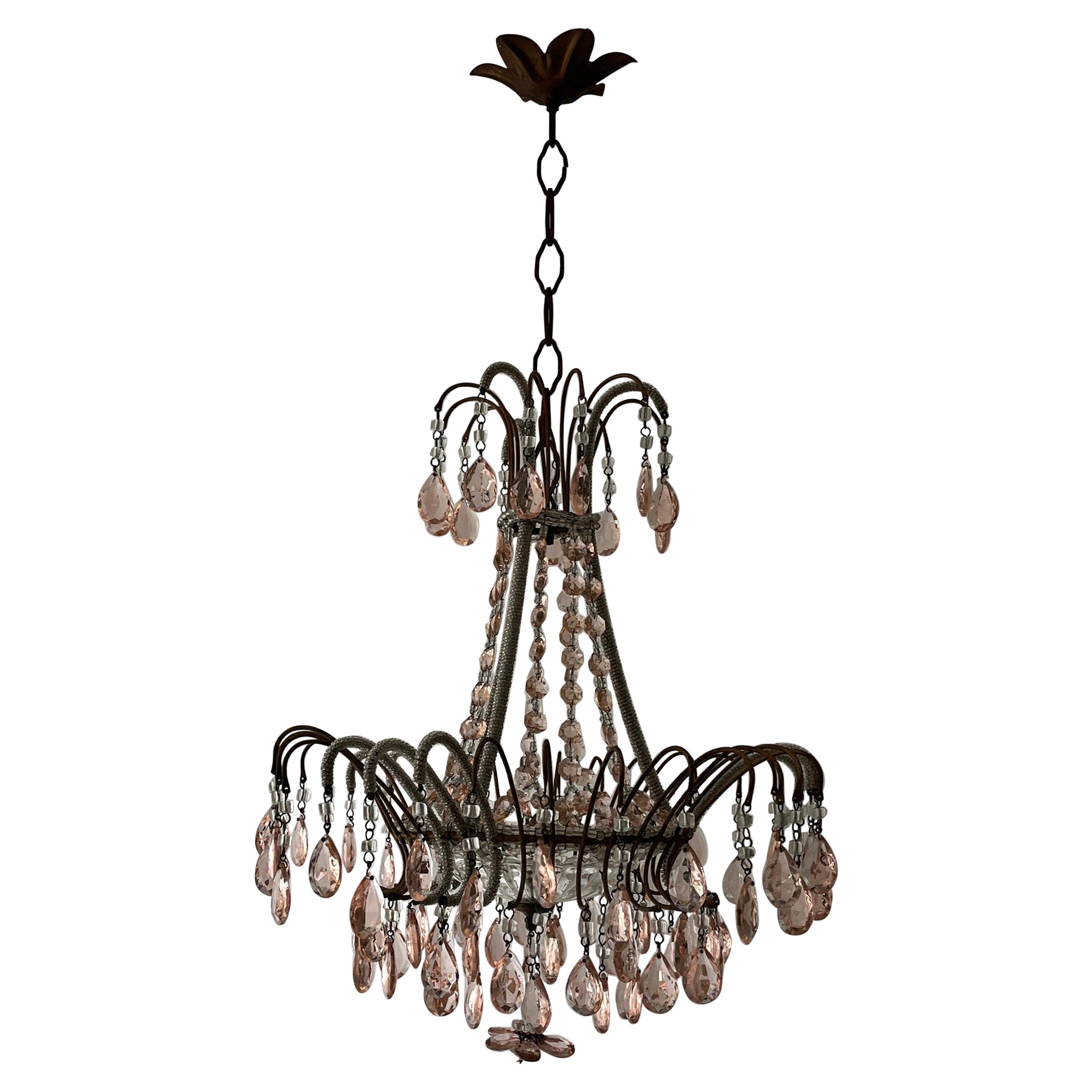 Italian Micro-Beaded Pink Prisms Crystal Chandelier Rare c1920 For Sale