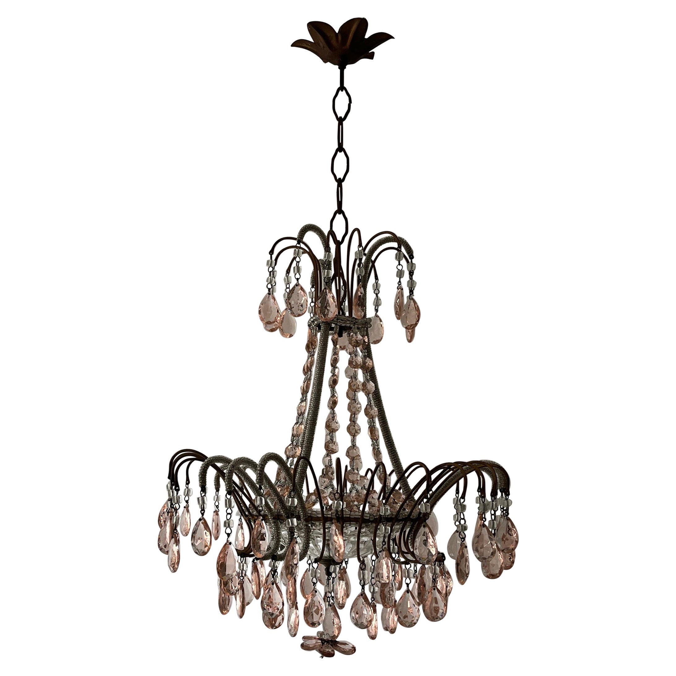 Lustre italien rare en cristaux roses perlés et micro-perlés, c1920