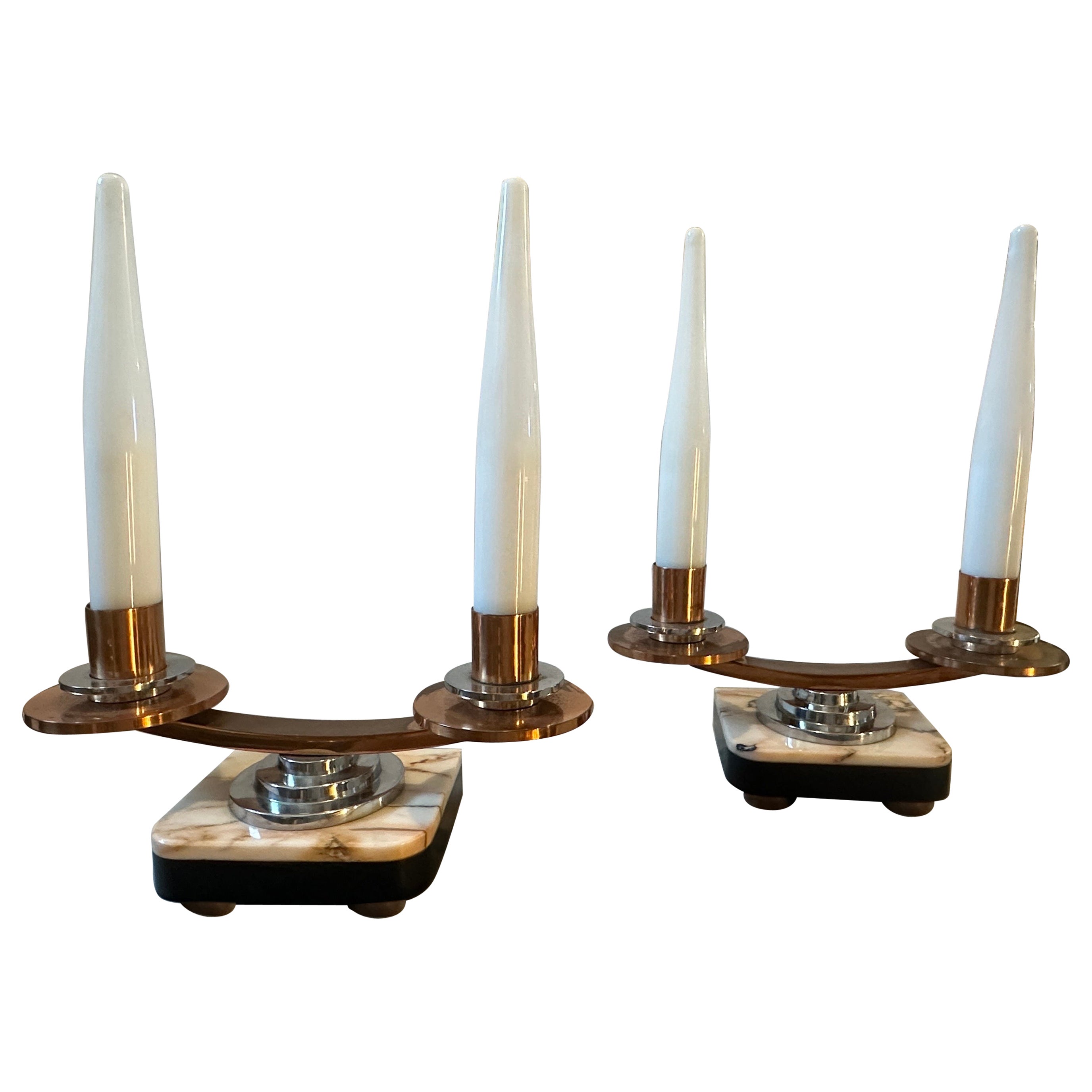 A Pair of 1930s Art Deco Marble, Copper, Steel and Glass French Table Lamps For Sale