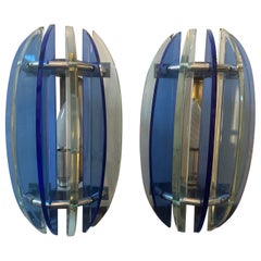 1960s Set of Two Space Age Blue and Gray Glass Italian Wall Sconces by Veca
