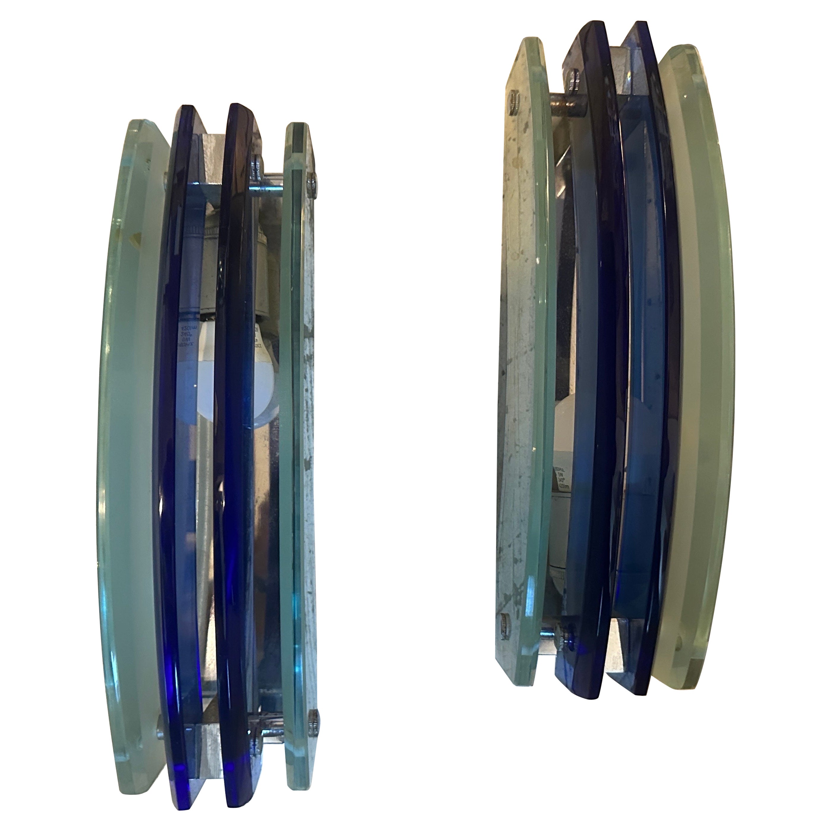 1960s Set of Two Space Age Blue Heavy Glass Italian Wall Sconces by Veca For Sale