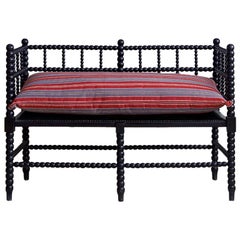 Antique Two-Seater Bench with Ebonised and Bobbin-Turned Frame, England, 1830s