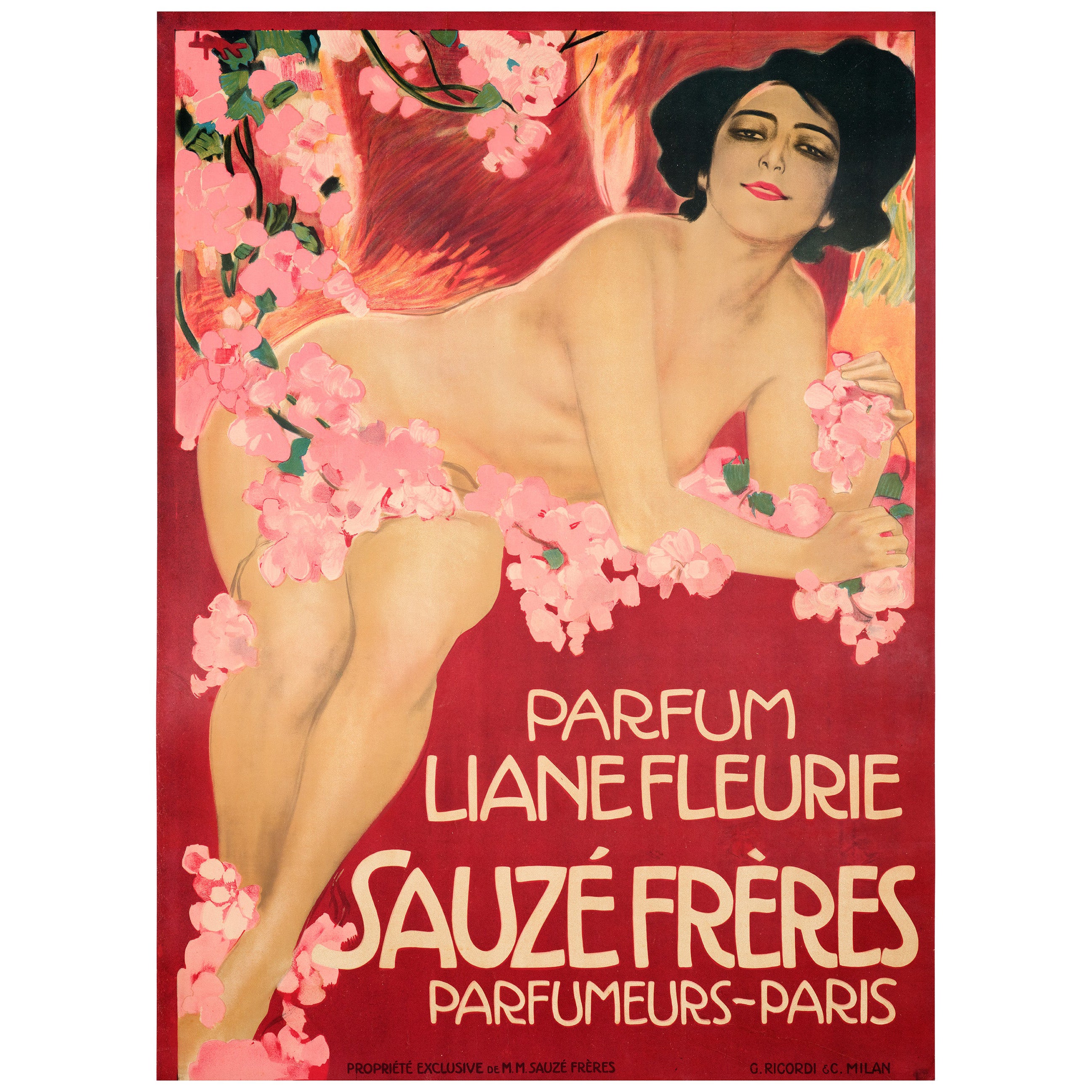 Metlicovitz, Poster originale in stile liberty, profumo Liane Fleurie Sauze Parigi 1910