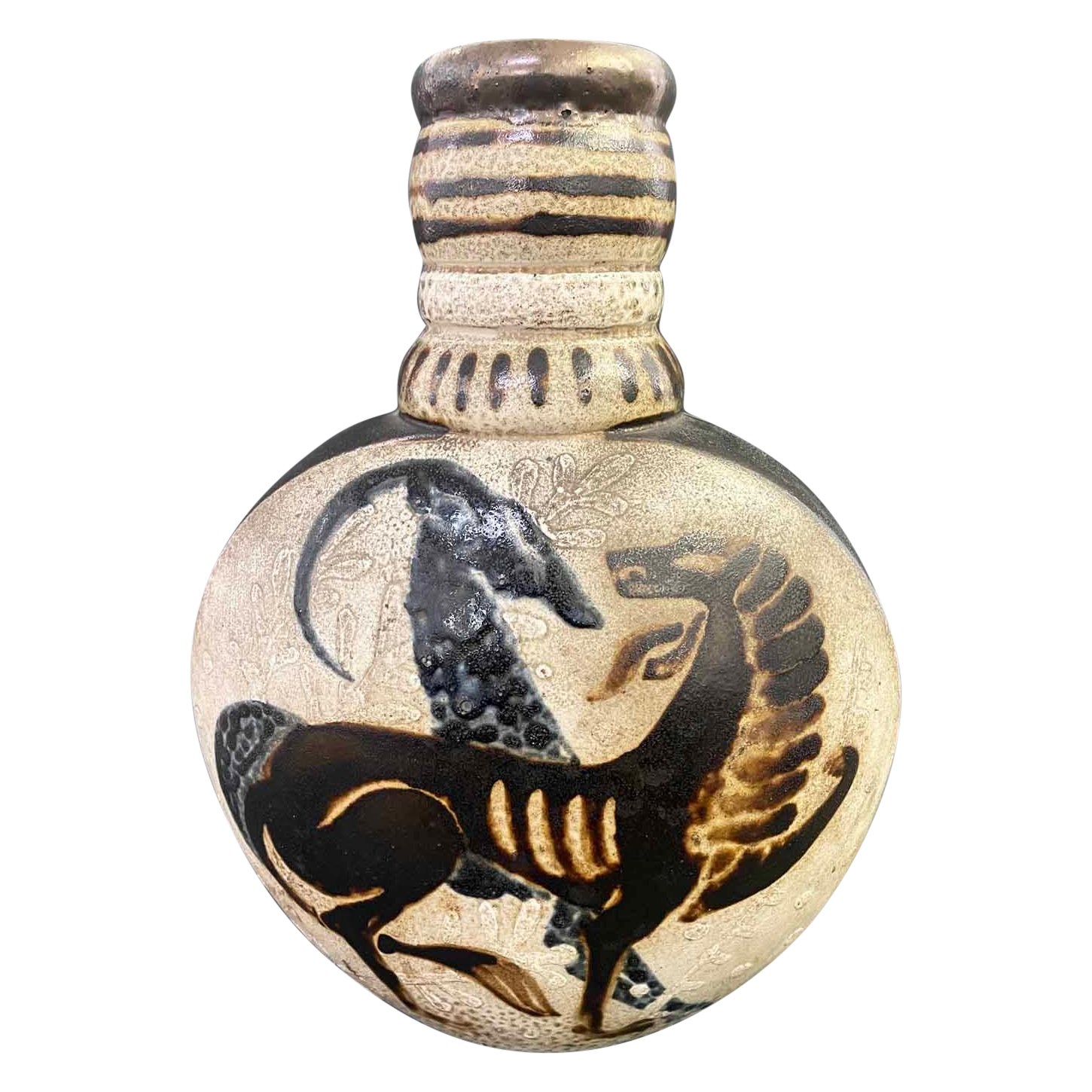 "Lion and Antelope", Bottle-Form Art Deco Vase by Primavera, possibly Buthaud For Sale
