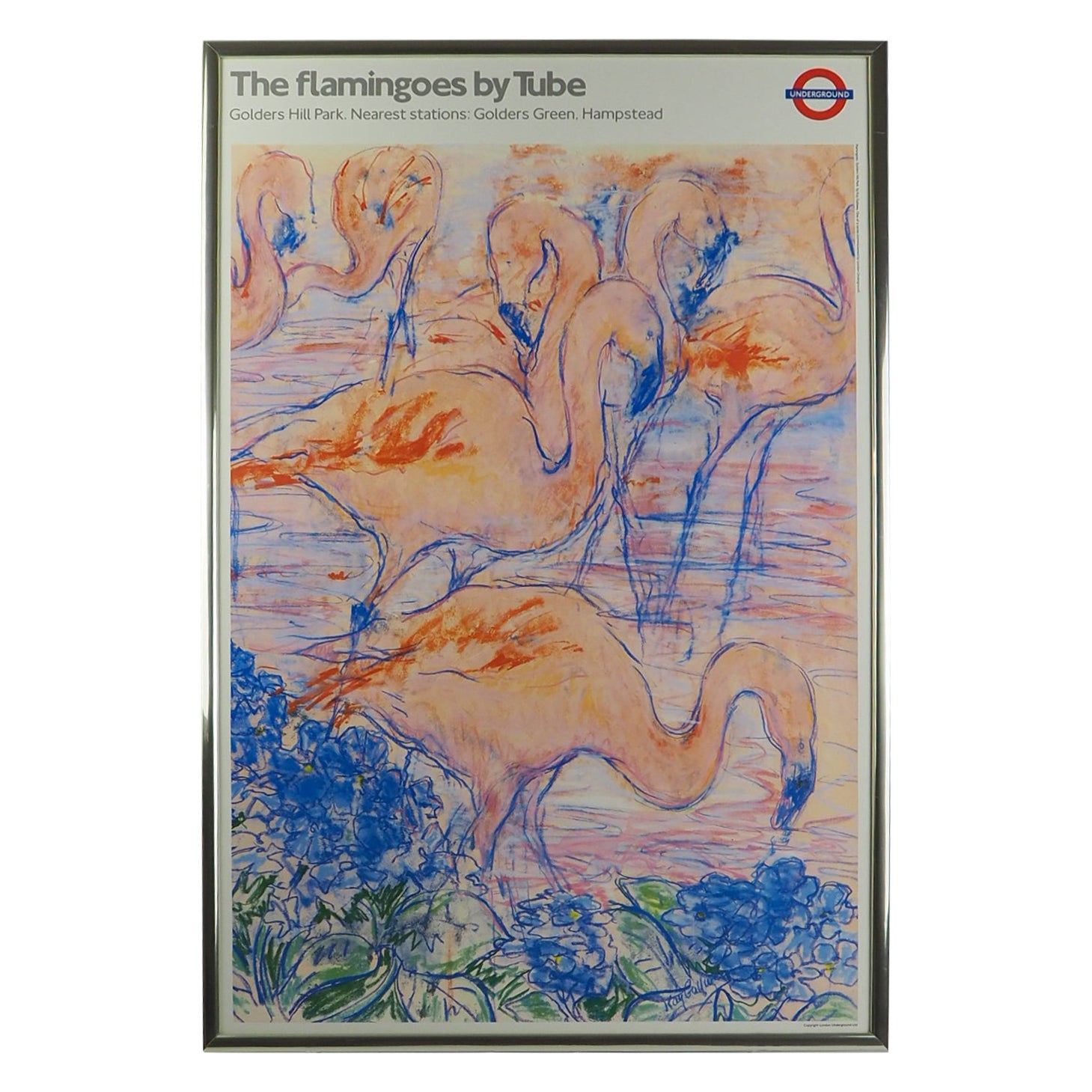 Affiche vintage originale du métro de Londres encadrée Flamingoes par Tube Golders Hil en vente