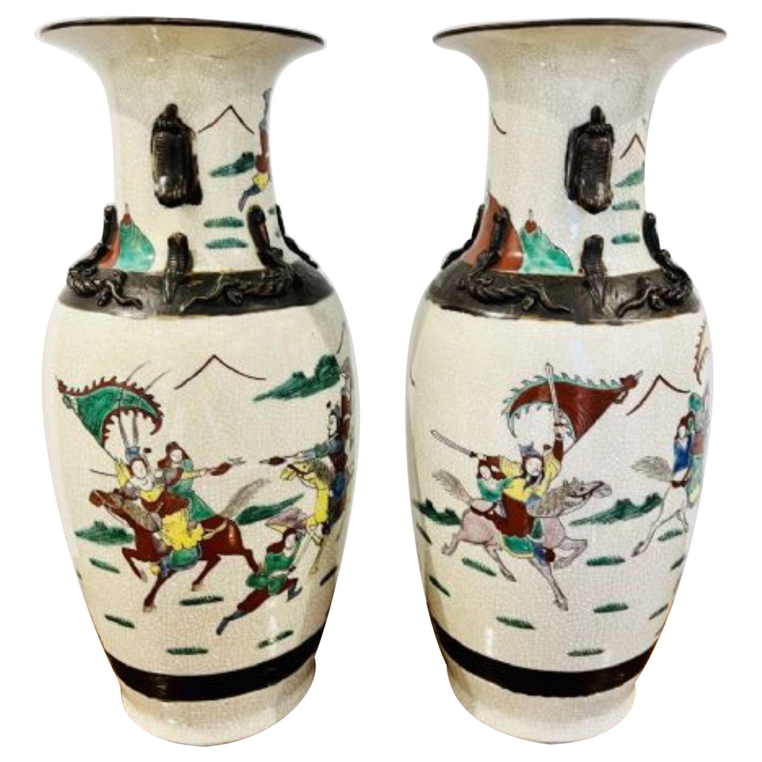 Grande paire de vases chinois de qualité victorienne ancienne à glaçure craquelée 