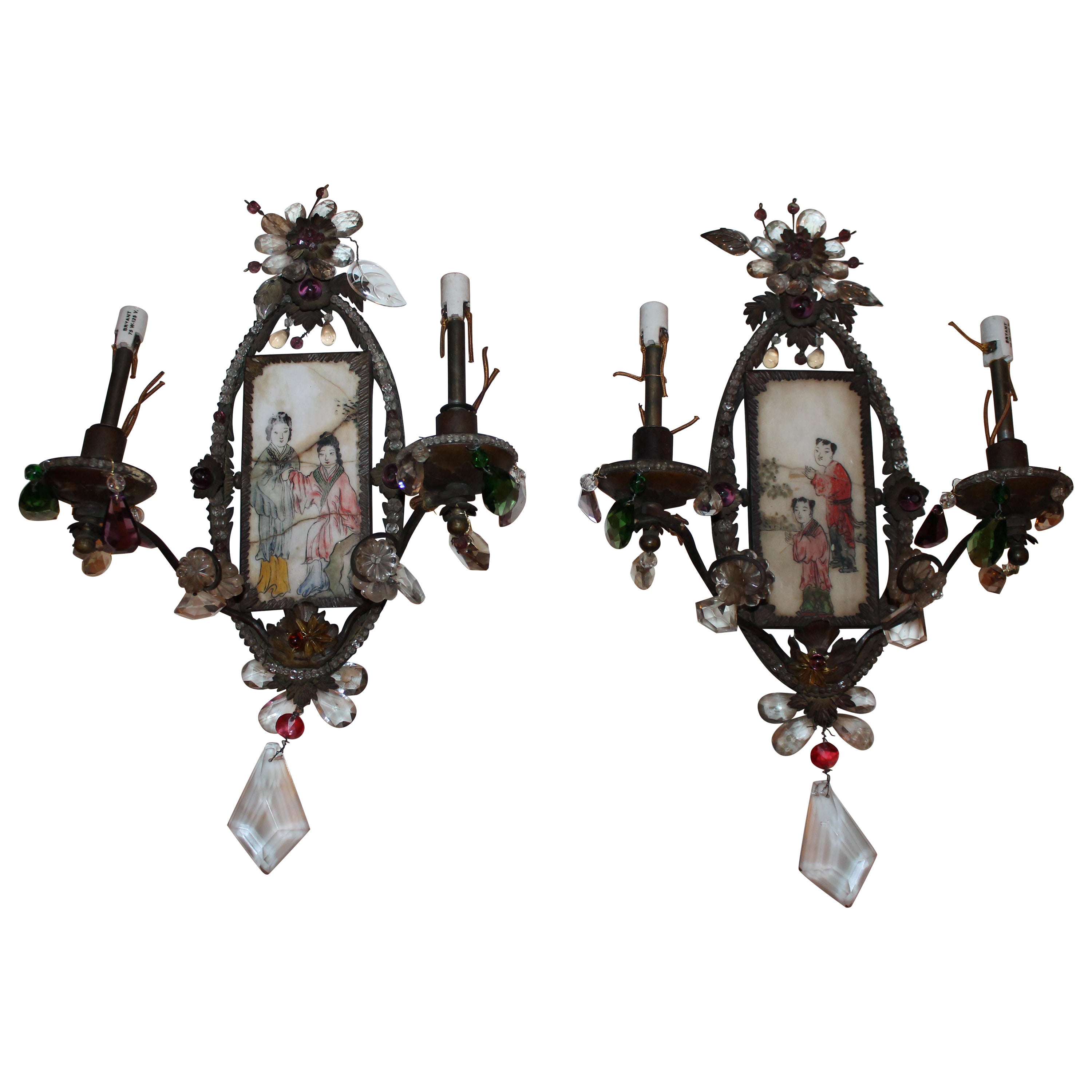 19thc Rare Chinoiserie Figural Art on Stone Wall Sconces Signed by Maison Bagues For Sale