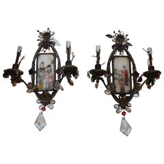 Antique 19thc Rare Chinoiserie Figural Art on Stone Wall Sconces Signed by Maison Bagues