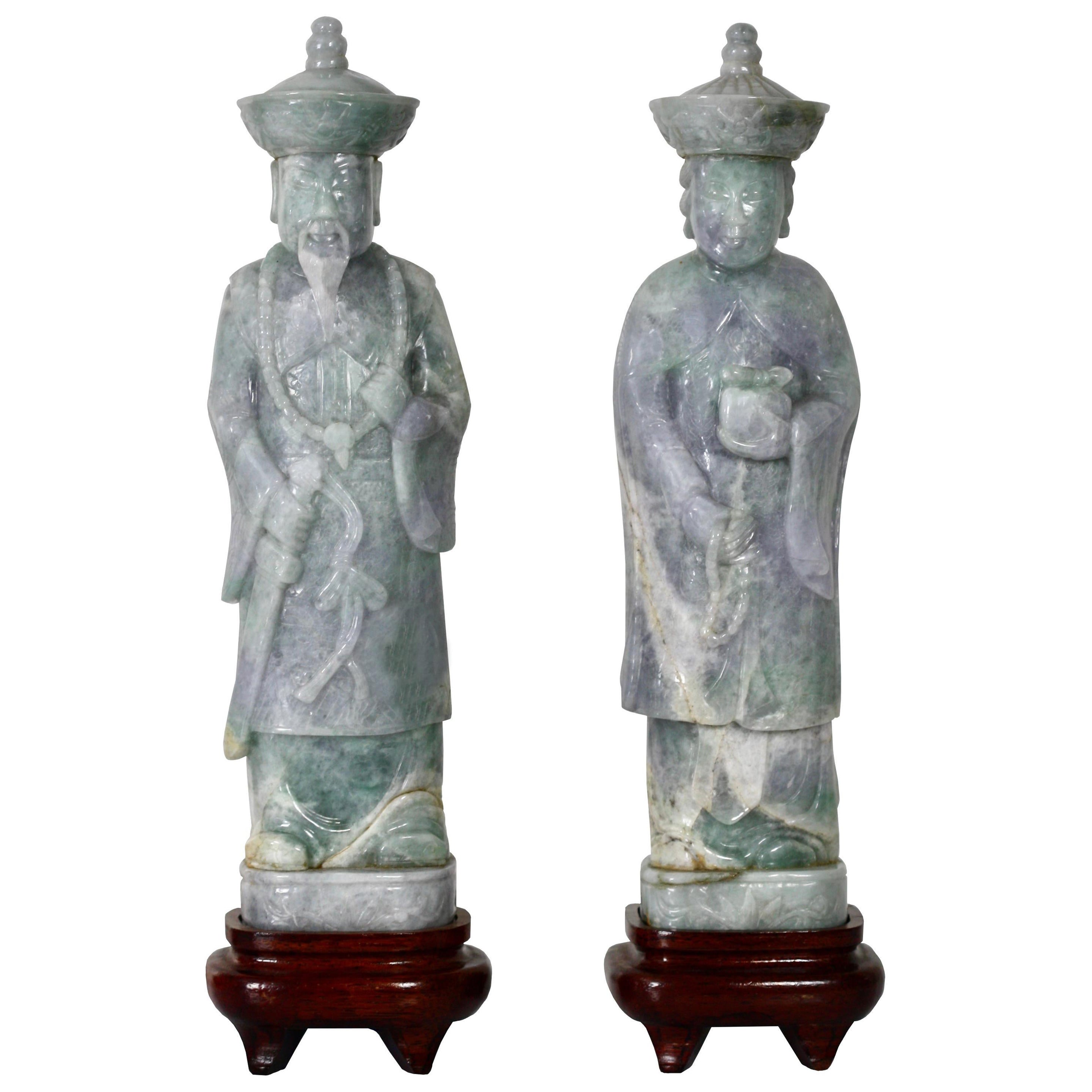 Pair of light lavender Jade Figures of a Queen and King  20TH CENTURY For Sale