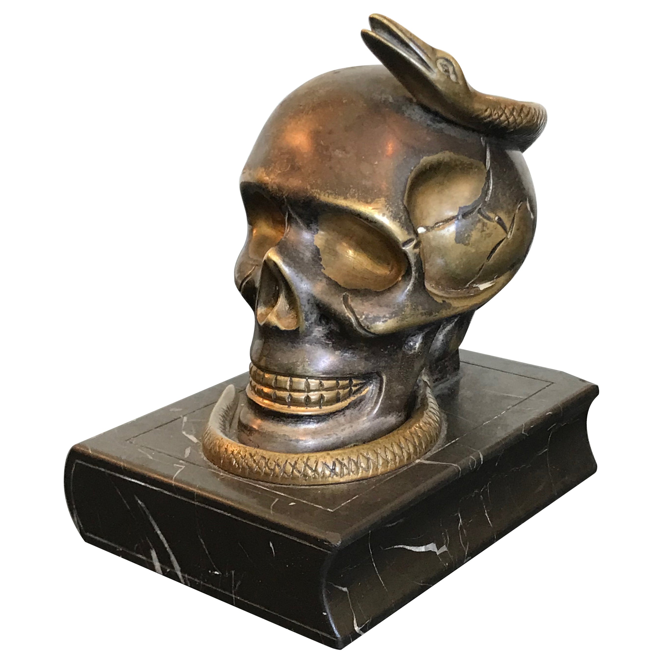 Objet d'Art Bronze Skull with Snake, Signed 