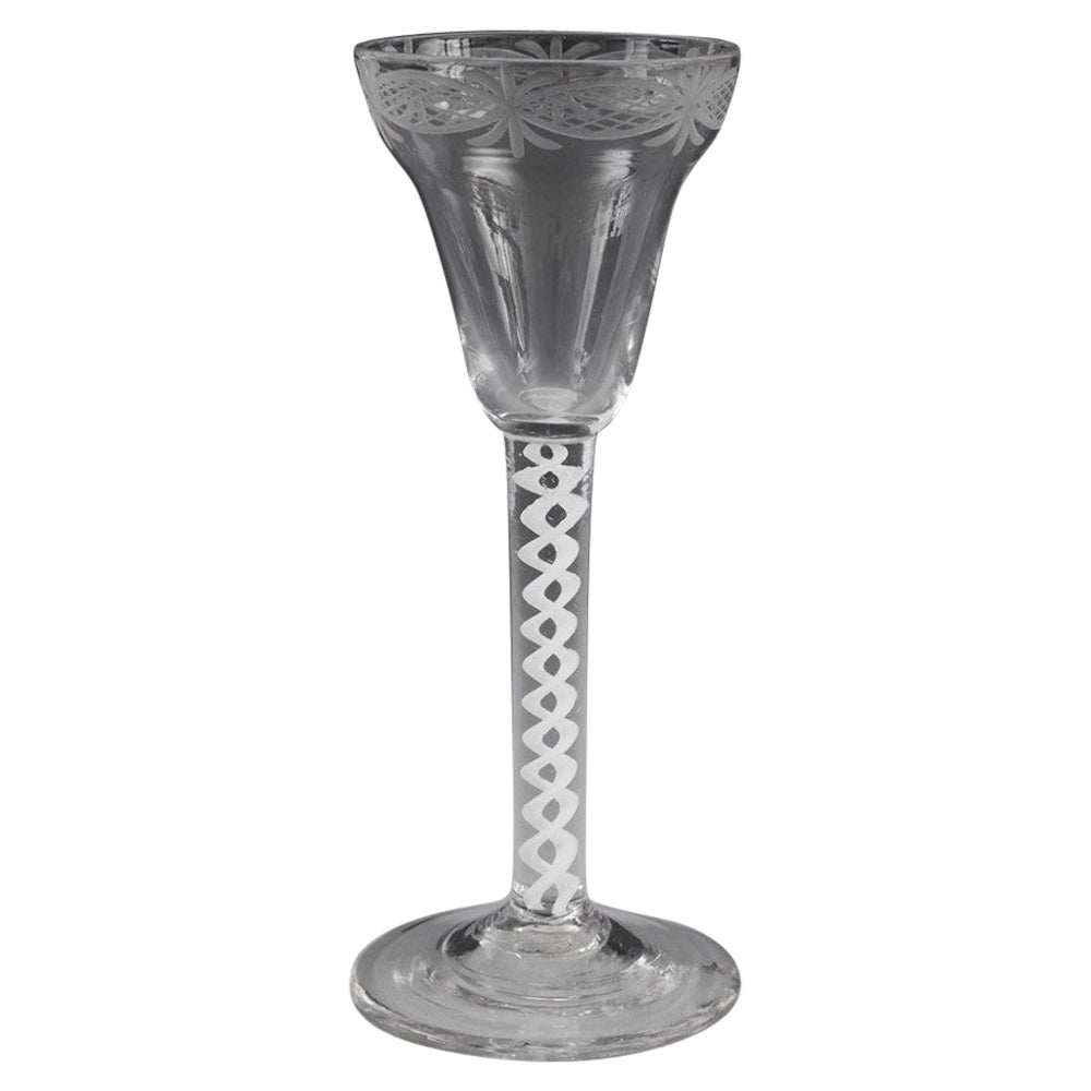 Engraved Pan Top Single Series Opaque Twist Wine Glass c1760 Engraved Pan Top Si For Sale