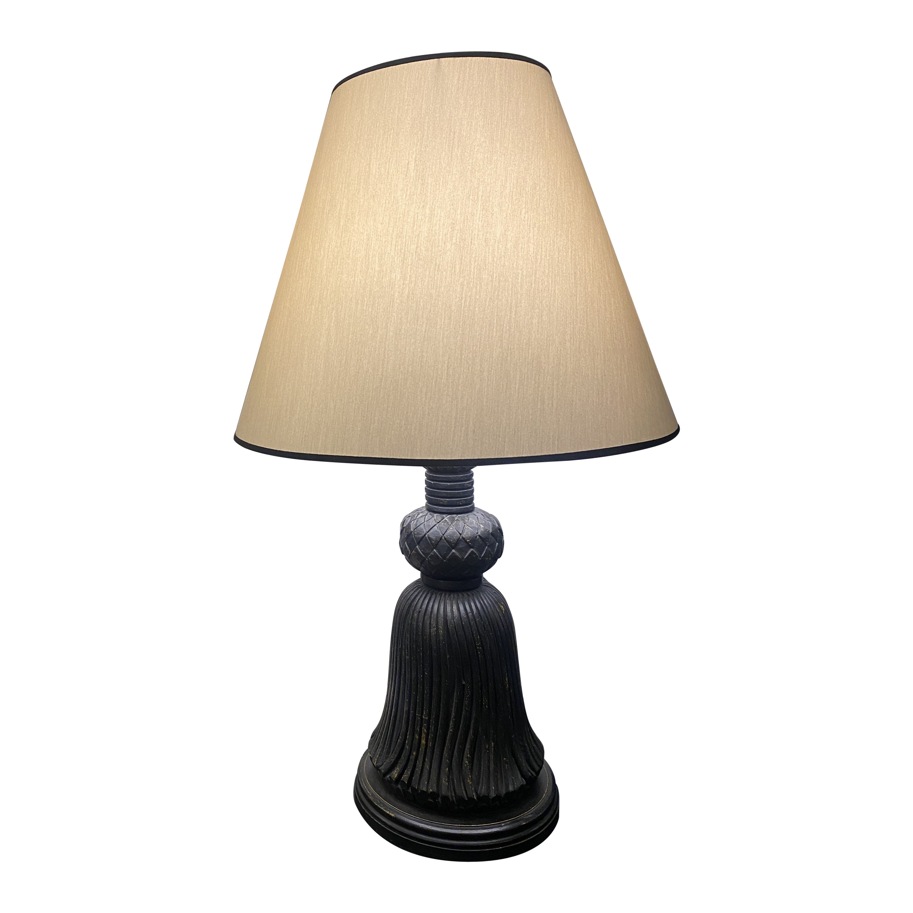 Italian Contemporary Hand Caved Hand Decorated Wooden Lamp with Fabric Lampshade For Sale