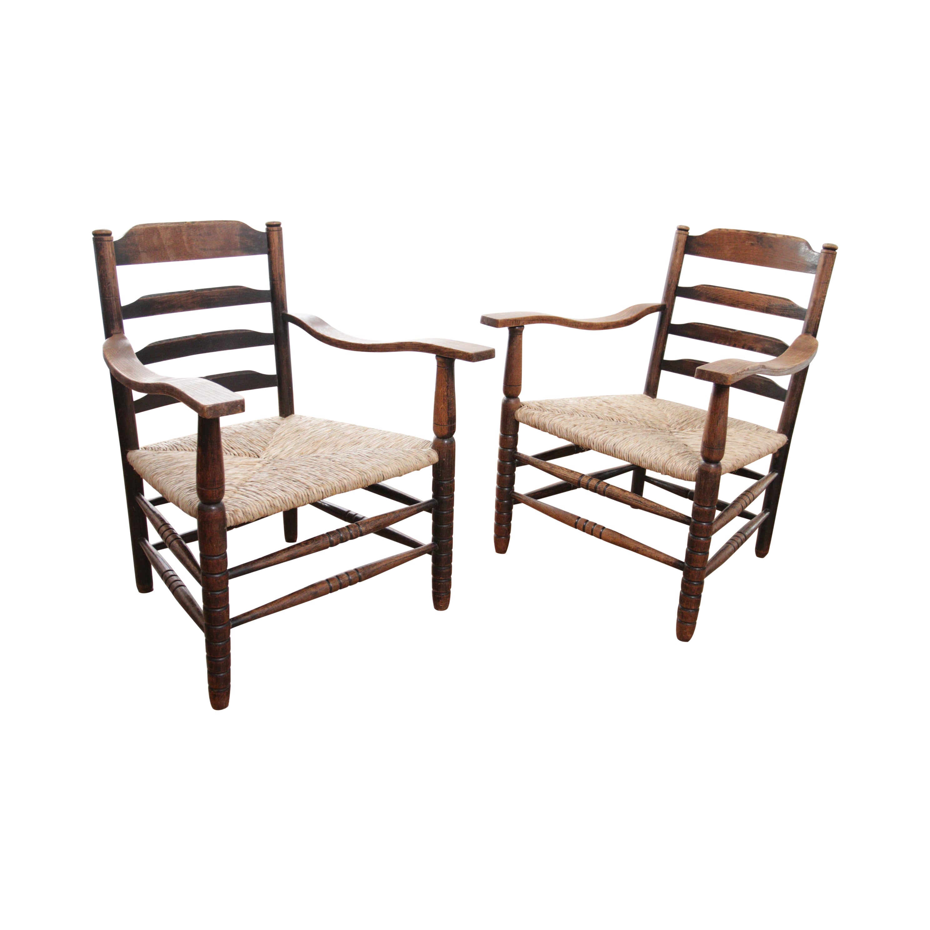 Two Charming Dutch Rural Ladder Back Oak Rush Seat Armchairs 1920's For Sale