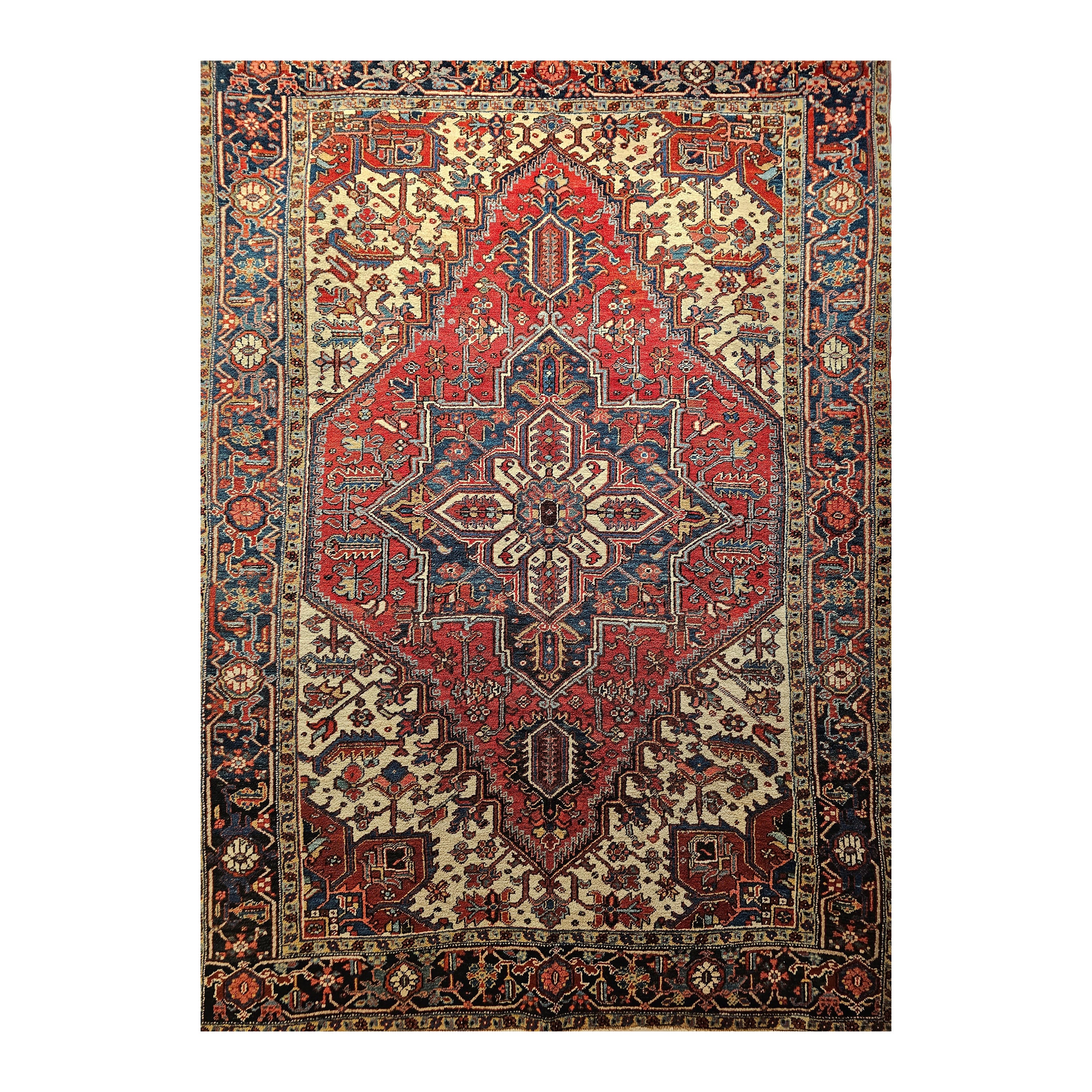 Early 20th Century Persian Heriz in Red, Navy, French Blue, Ivory, Pink, Yellow