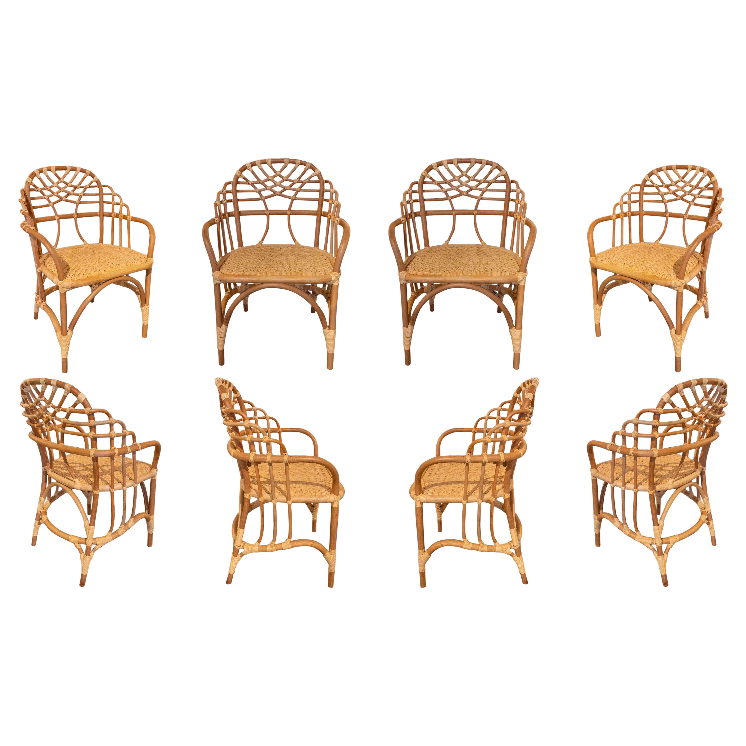 Set of Eight Bamboo and Wicker Chairs with Arms