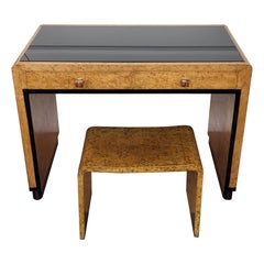 1940s Art Deco Midcentury Italian Walnut Burl Opaline Glass Writing Desk Table