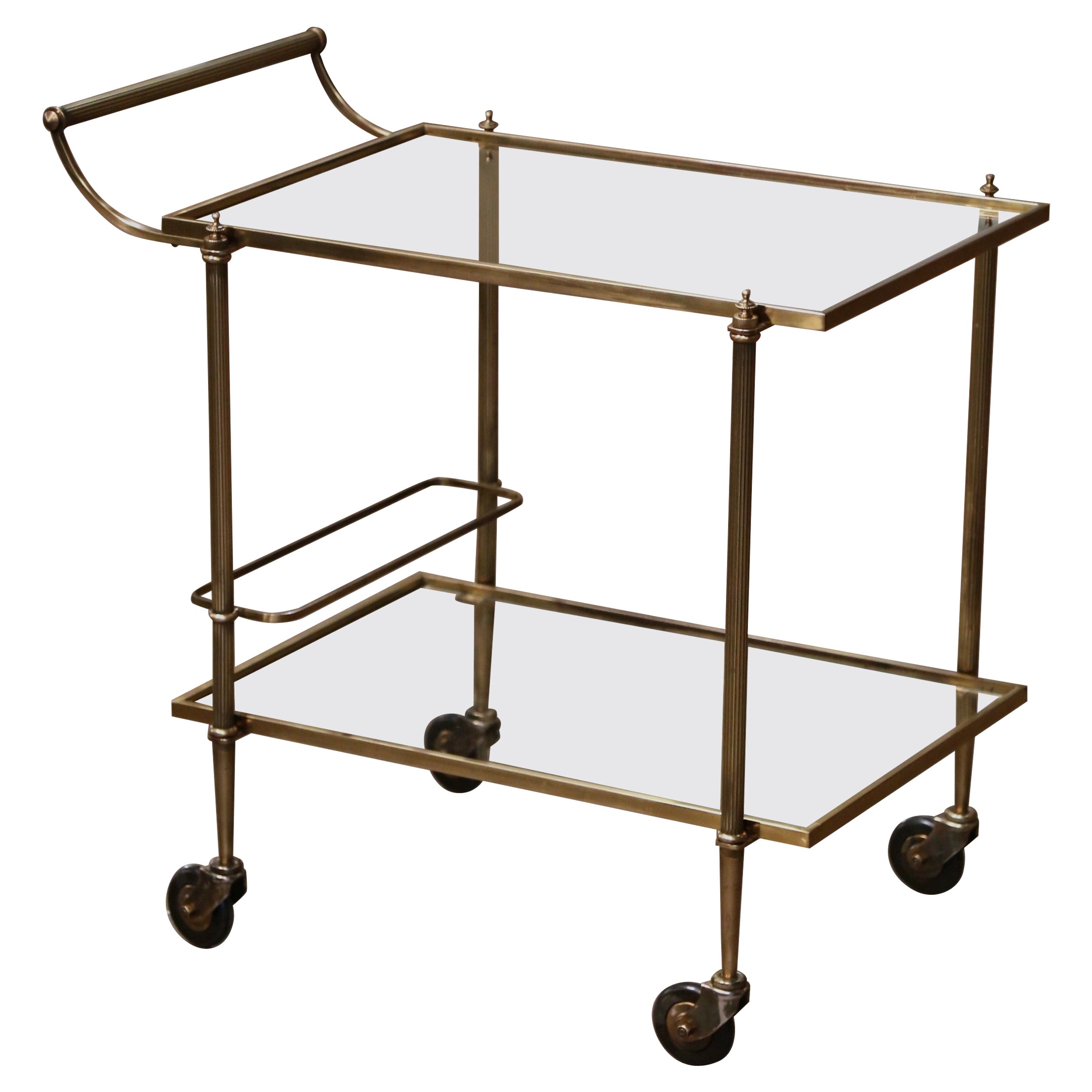 Mid-Century French Polished Brass Two-Tier Service Bar Cart on Wheels For Sale