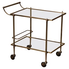 Retro Mid-Century French Polished Brass Two-Tier Service Bar Cart on Wheels