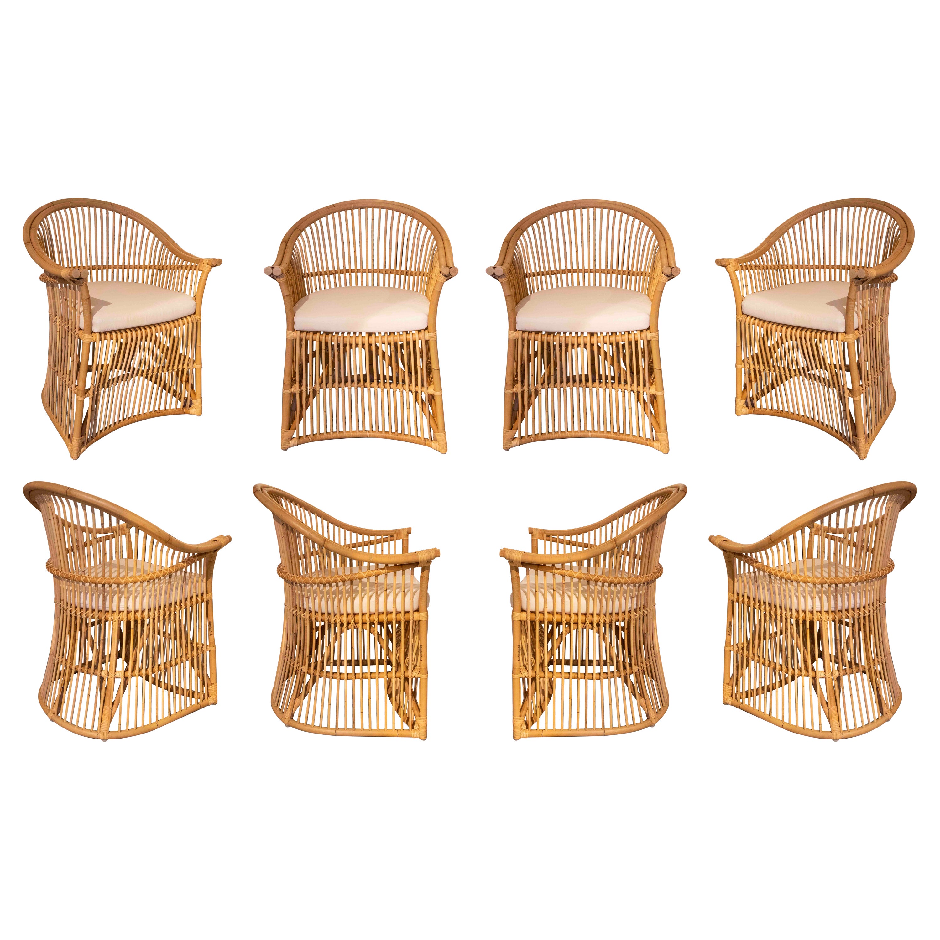 Set of Eight Bamboo and Wicker Armchairs with White Upholstered Seats