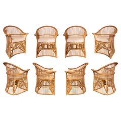 Set of Eight Bamboo and Wicker Armchairs with White Upholstered Seats