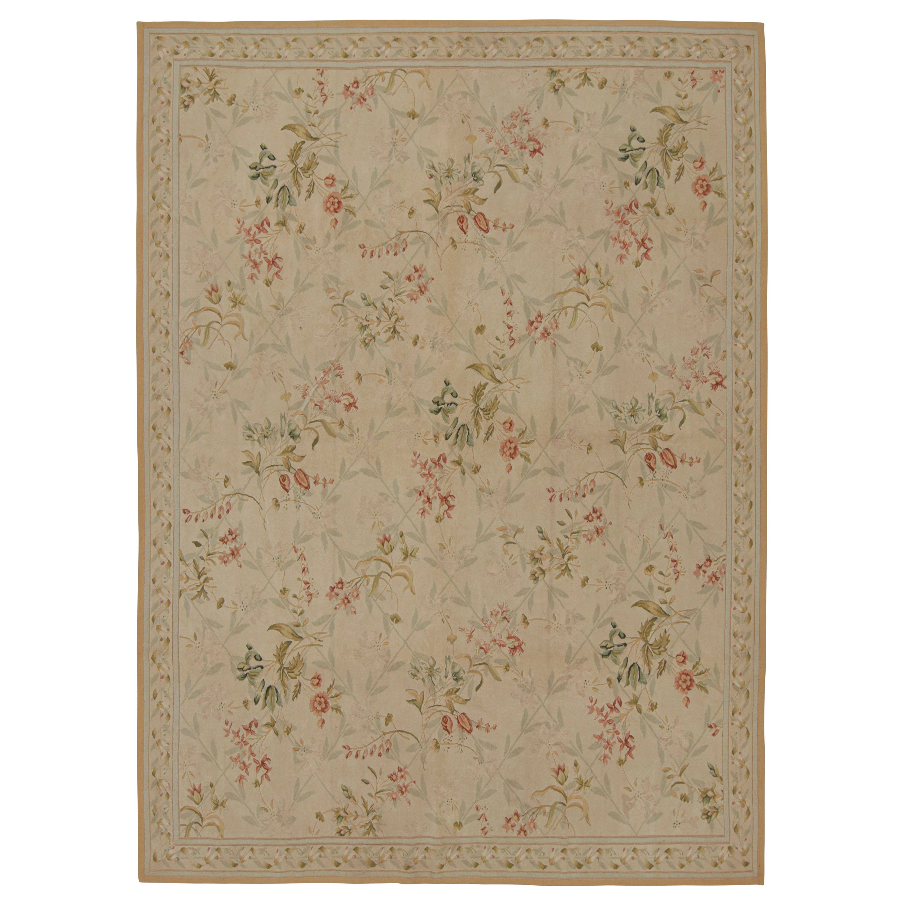Rug & kilim’s European Flatweave Rug in Beige with Green and Pink Floral Pattern For Sale
