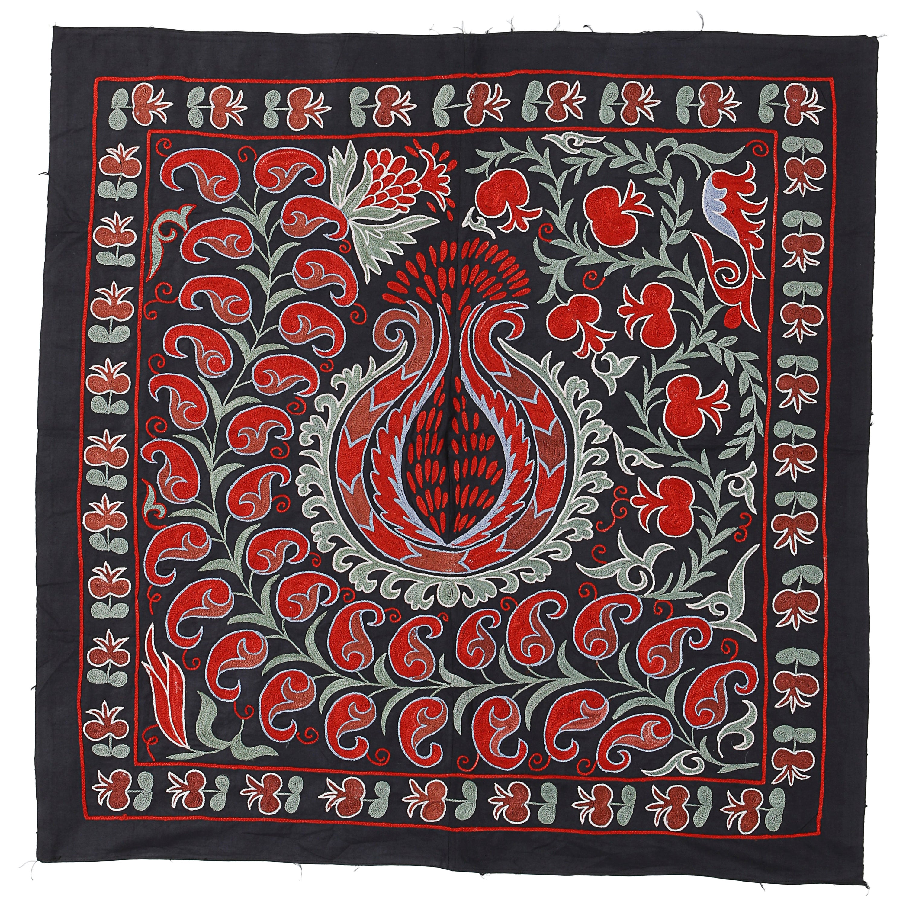 Colgante de Pared Bordado de Tashkent de 3'x3', Mantel Vintage en Negro, Verde y Rojo