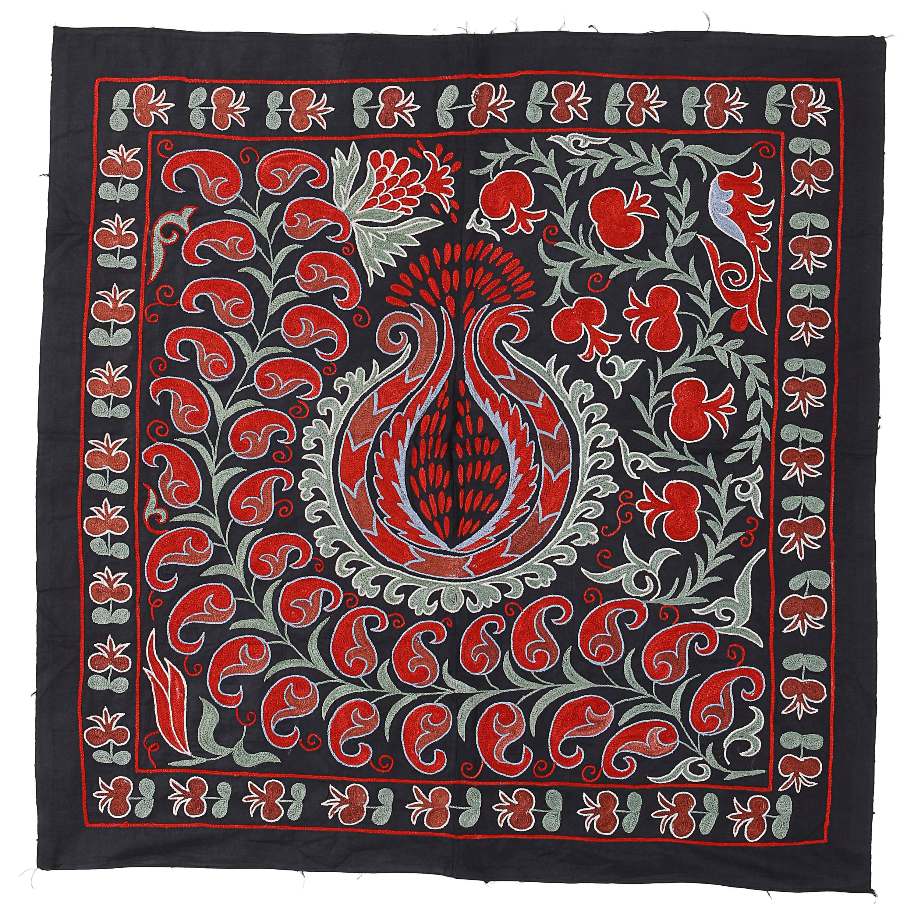 3'x3' Tashkent Embroidered Wall Hanging, Vintage Tablecloth in Black, Green, Red For Sale