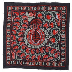 3'x3' Tashkent Embroidered Wall Hanging, Vintage Tablecloth in Black, Green, Red