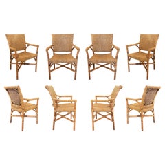 Set of Eight Wicker and Bamboo Dining Chairs with Arms