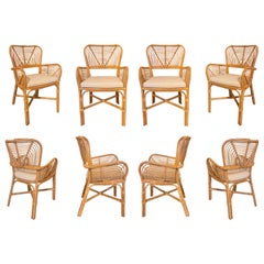 Set of Eight Wicker Armchairs with White Upholstered Seats