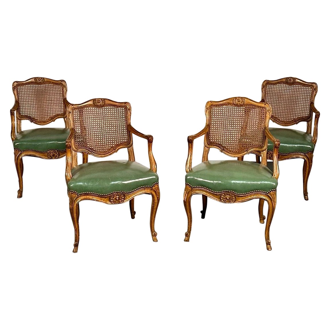 Four French Louis XV Style Fauteuils / Office Chairs, Cane and Leather For Sale