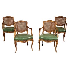 Four French Louis XV Style Fauteuils / Office Chairs, Cane and Leather