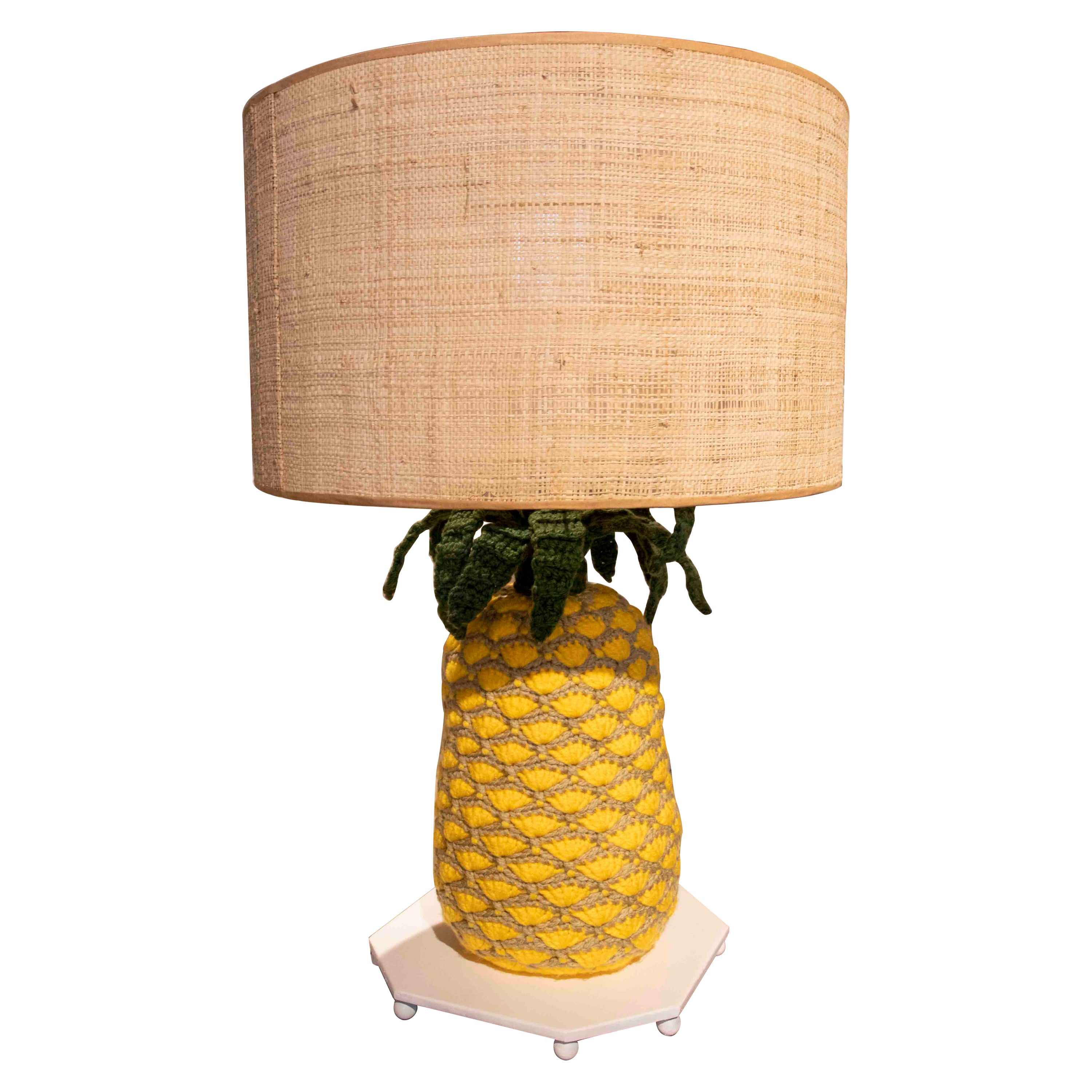 Hand-sewn Pineapple Lamp with Wool and Iron Base For Sale