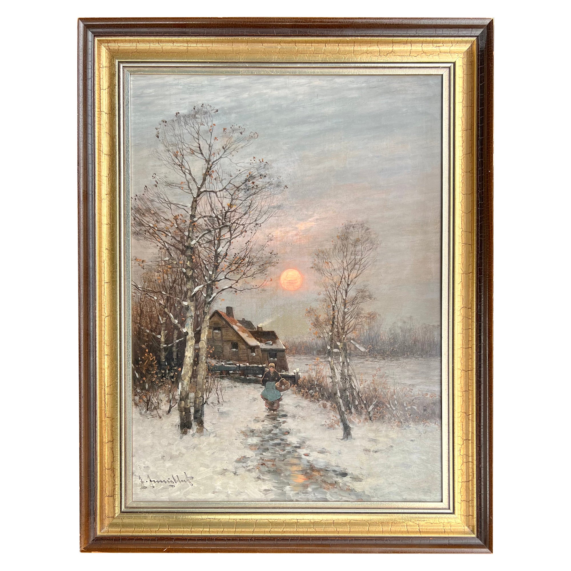 „Winter's Glow“ Gemälde der niederländischen Schule des 19. Jahrhunderts von Johann Jungblut  im Angebot