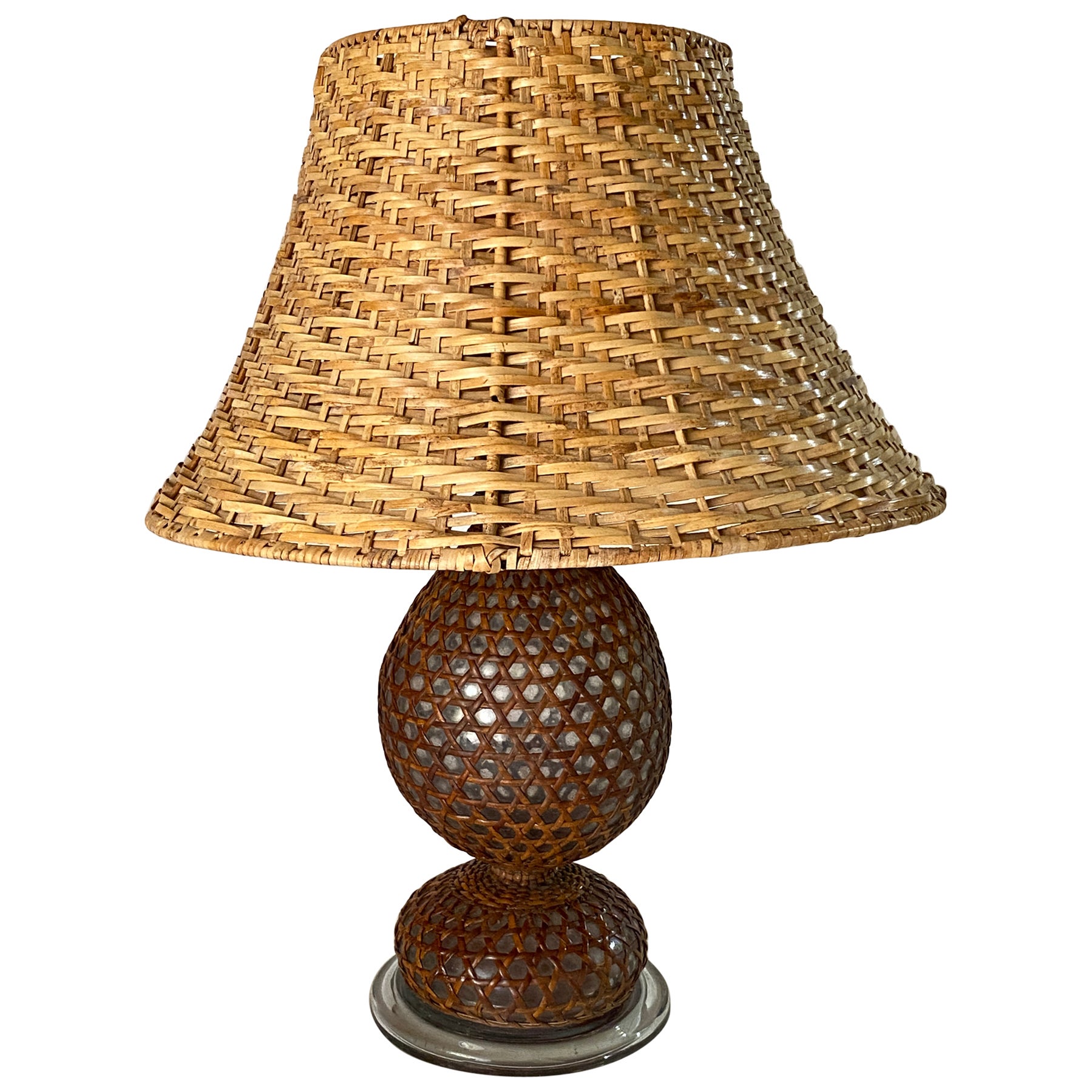 Glass and Rattan Table Lamp, Made in England, Brown Color, Circa 1970 For Sale 1